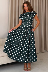 Betty Asymmetric Neckline Skater Midi Green Polka