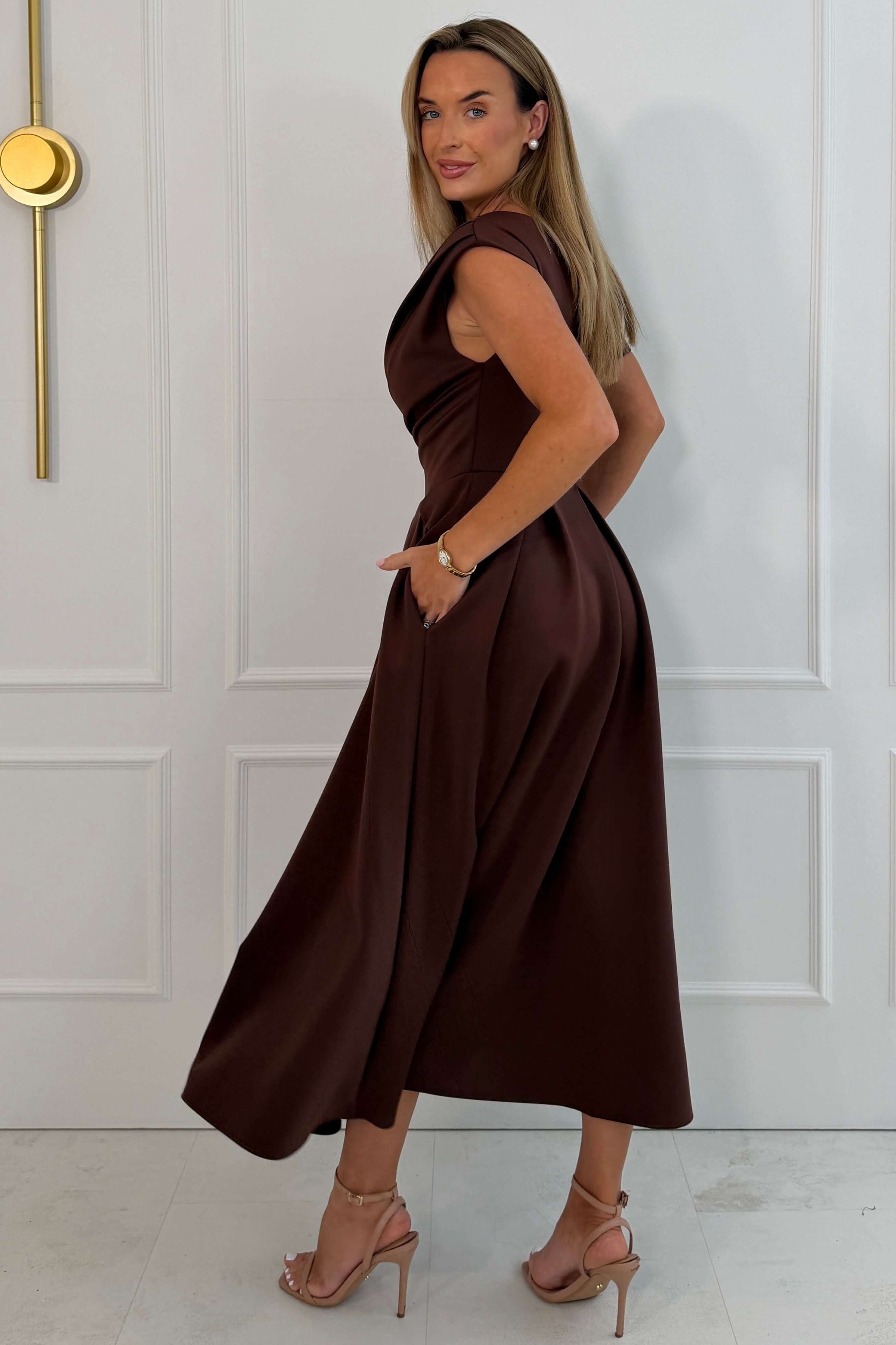 Betty Asymmetric Neckline Skater Midi Brown