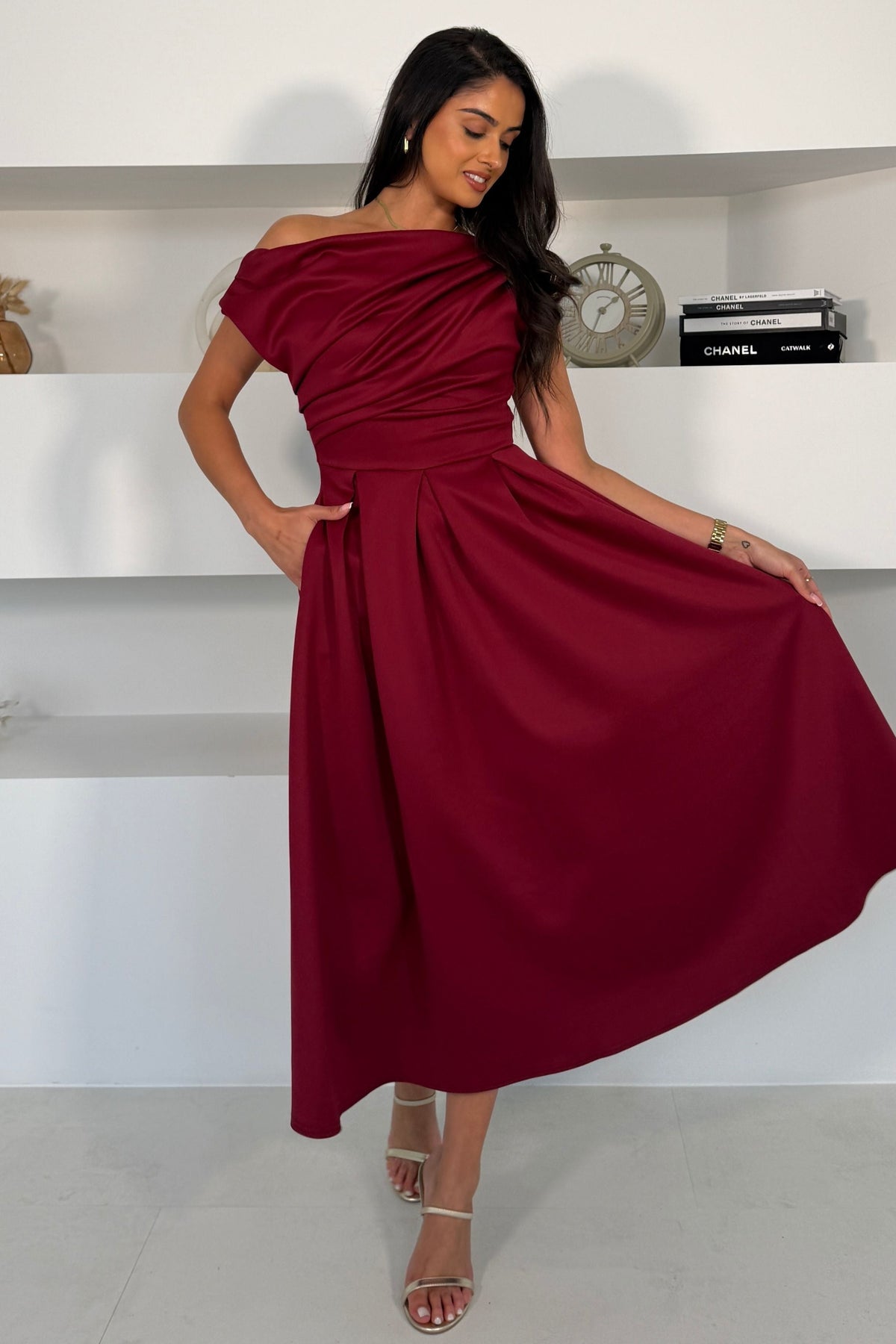 Betty Asymmetric Neckline Skater Midi Berry