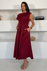 Betty Asymmetric Neckline Skater Midi Berry