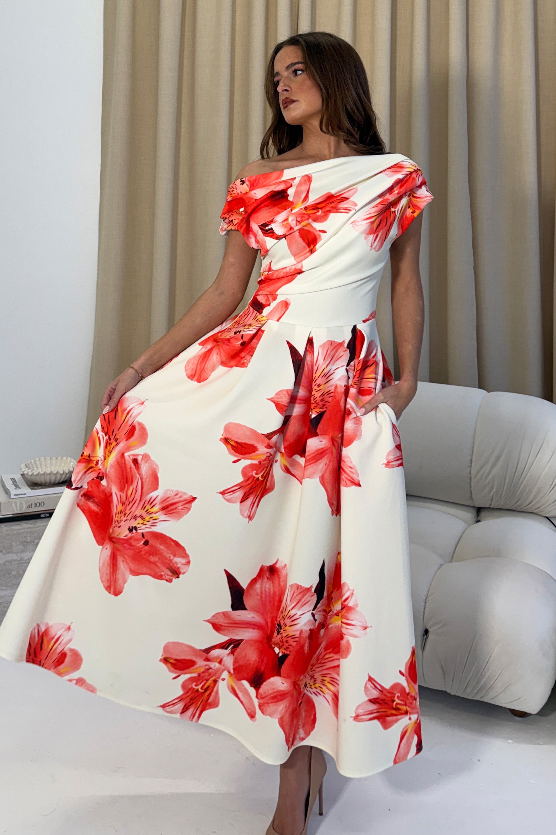Betty Asymmetric Floral Print Midi Dress Orange