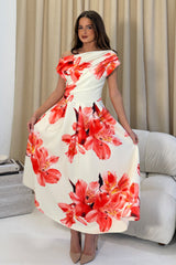 Betty Asymmetric Floral Print Midi Dress Orange