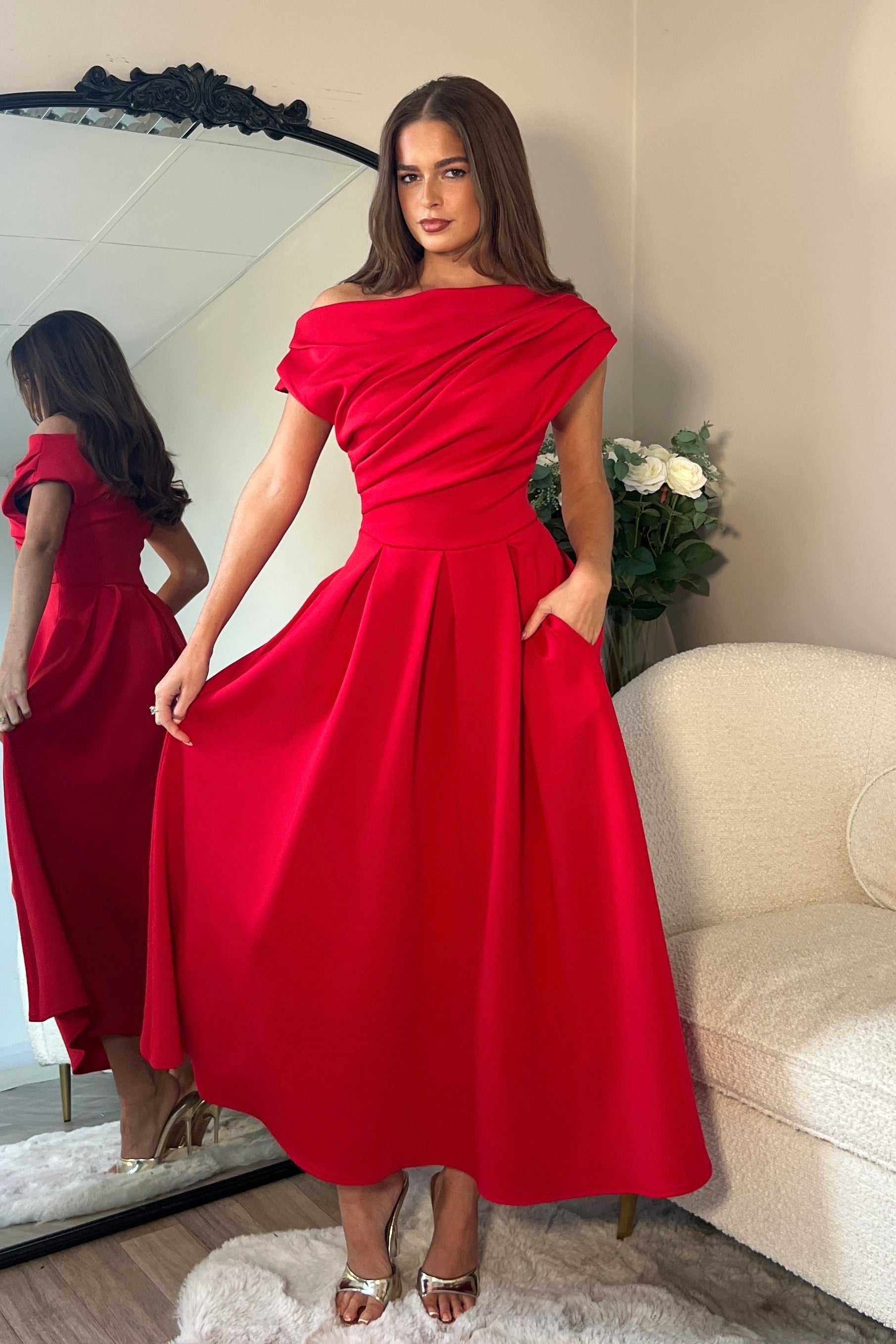 Betty Asymmetric Neckline Skater Midi Red