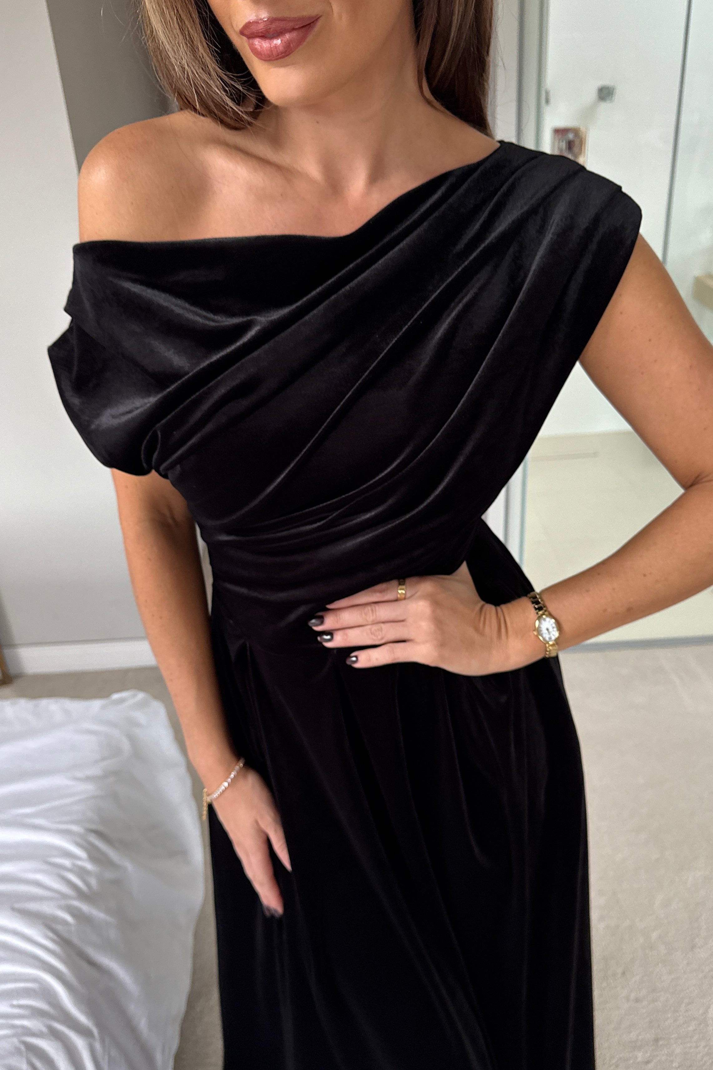 Betty Asymmetric Neckline Skater Midi Black Velvet
