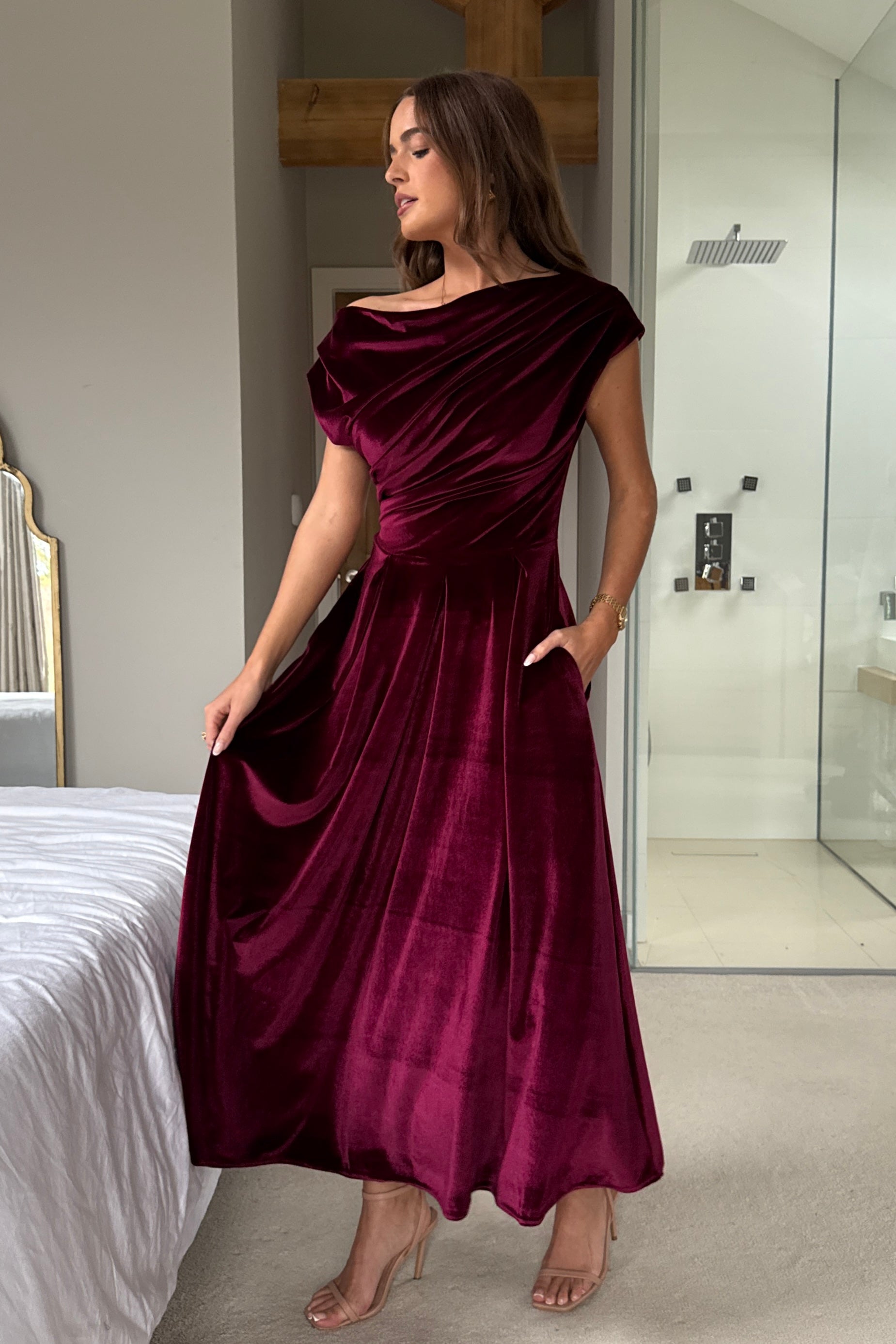 Betty Asymmetric Neckline Skater Midi Berry Velvet
