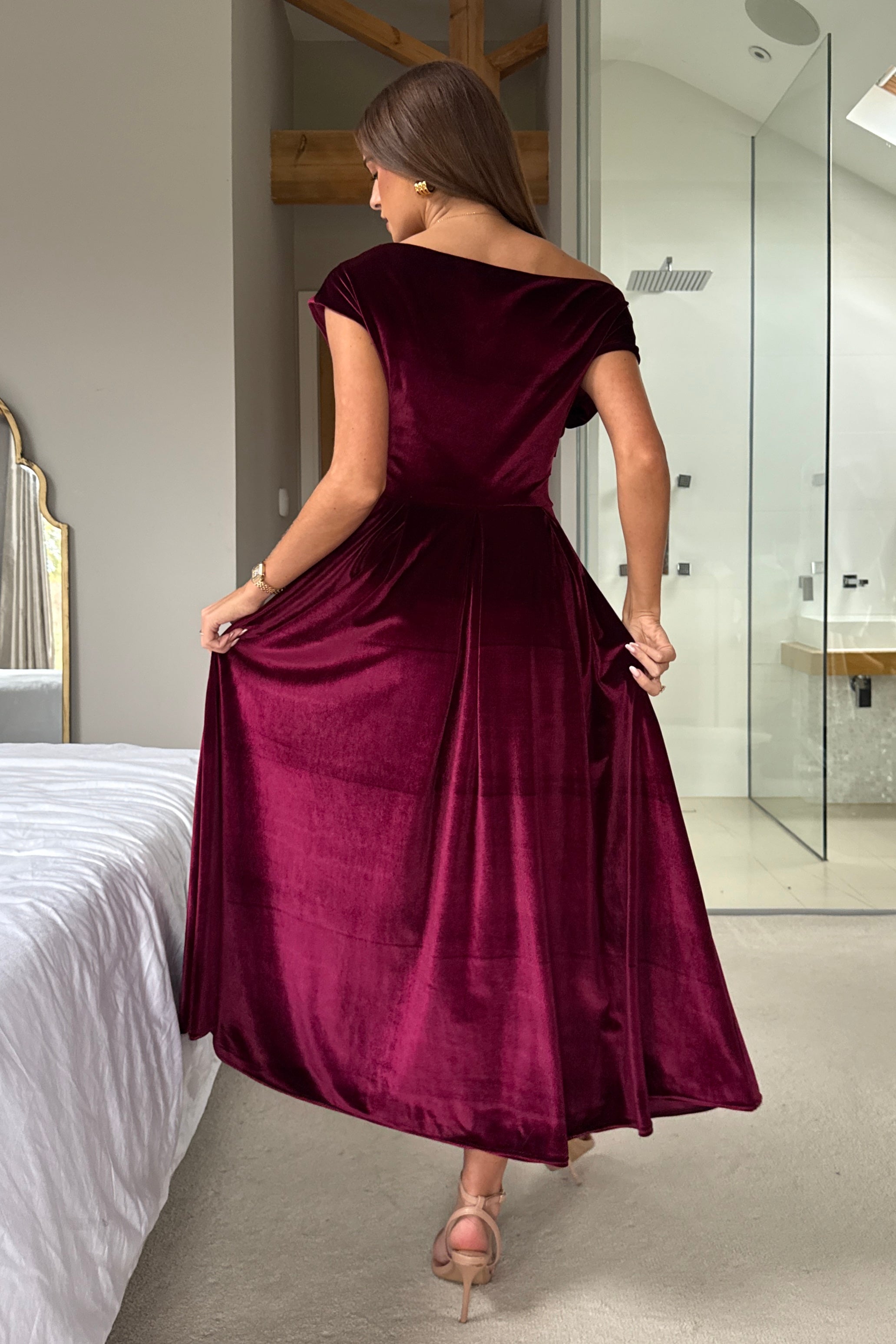 Betty Asymmetric Neckline Skater Midi Berry Velvet