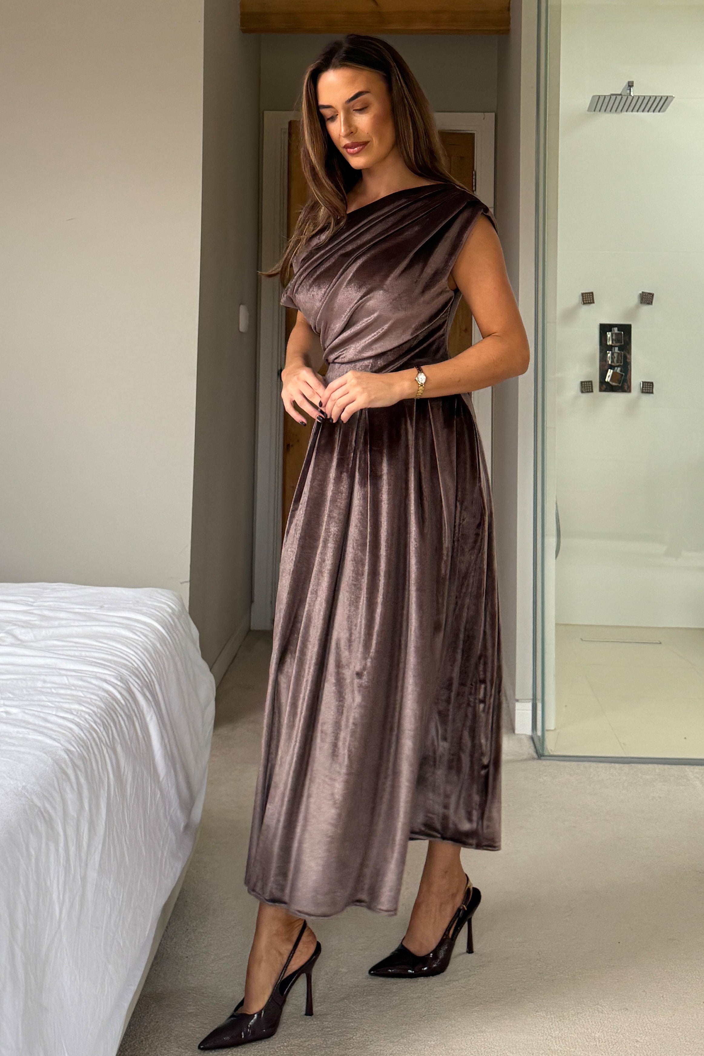 Betty Asymmetric Neckline Skater Midi Brown Velvet