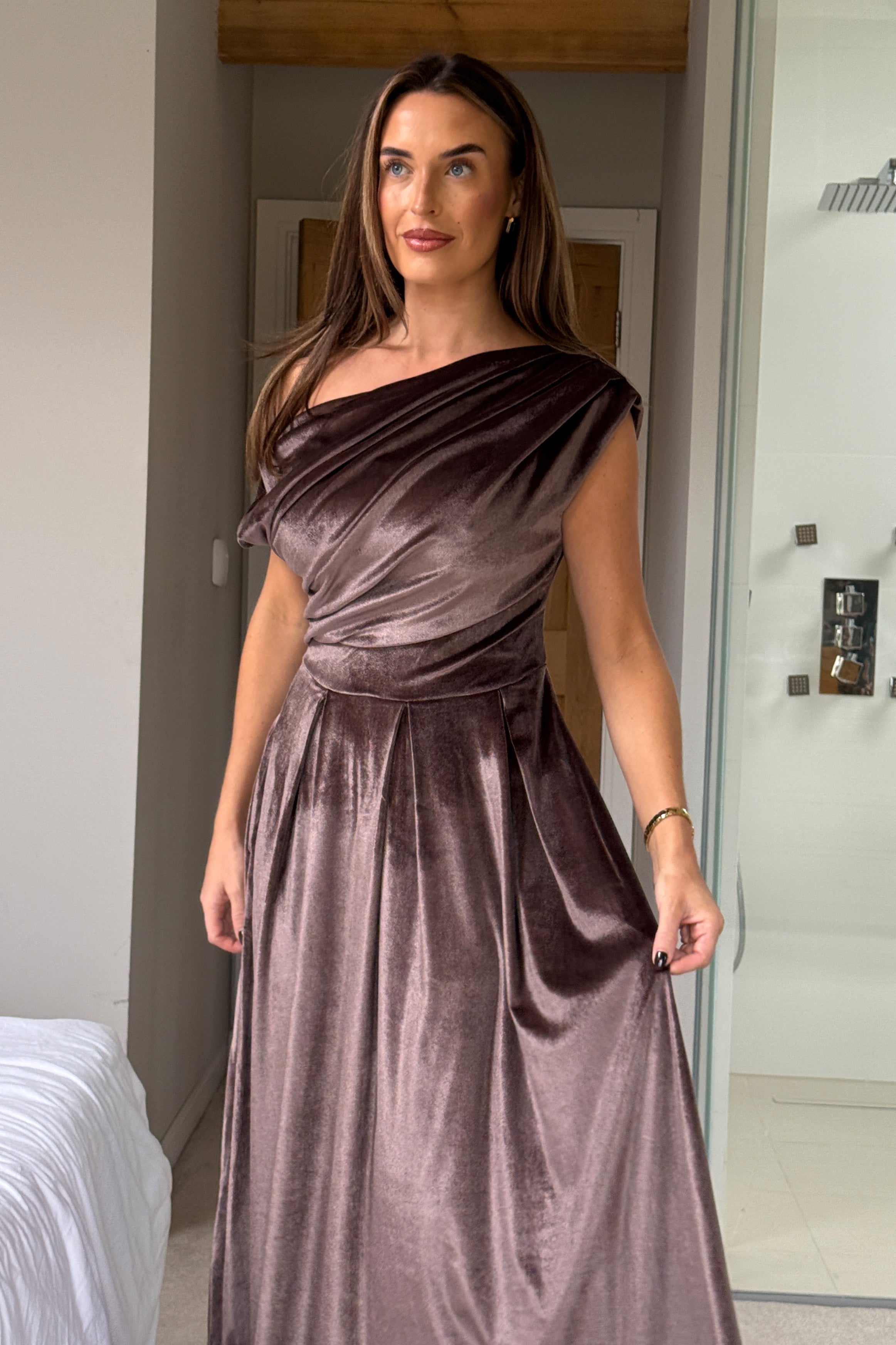 Betty Asymmetric Neckline Skater Midi Brown Velvet