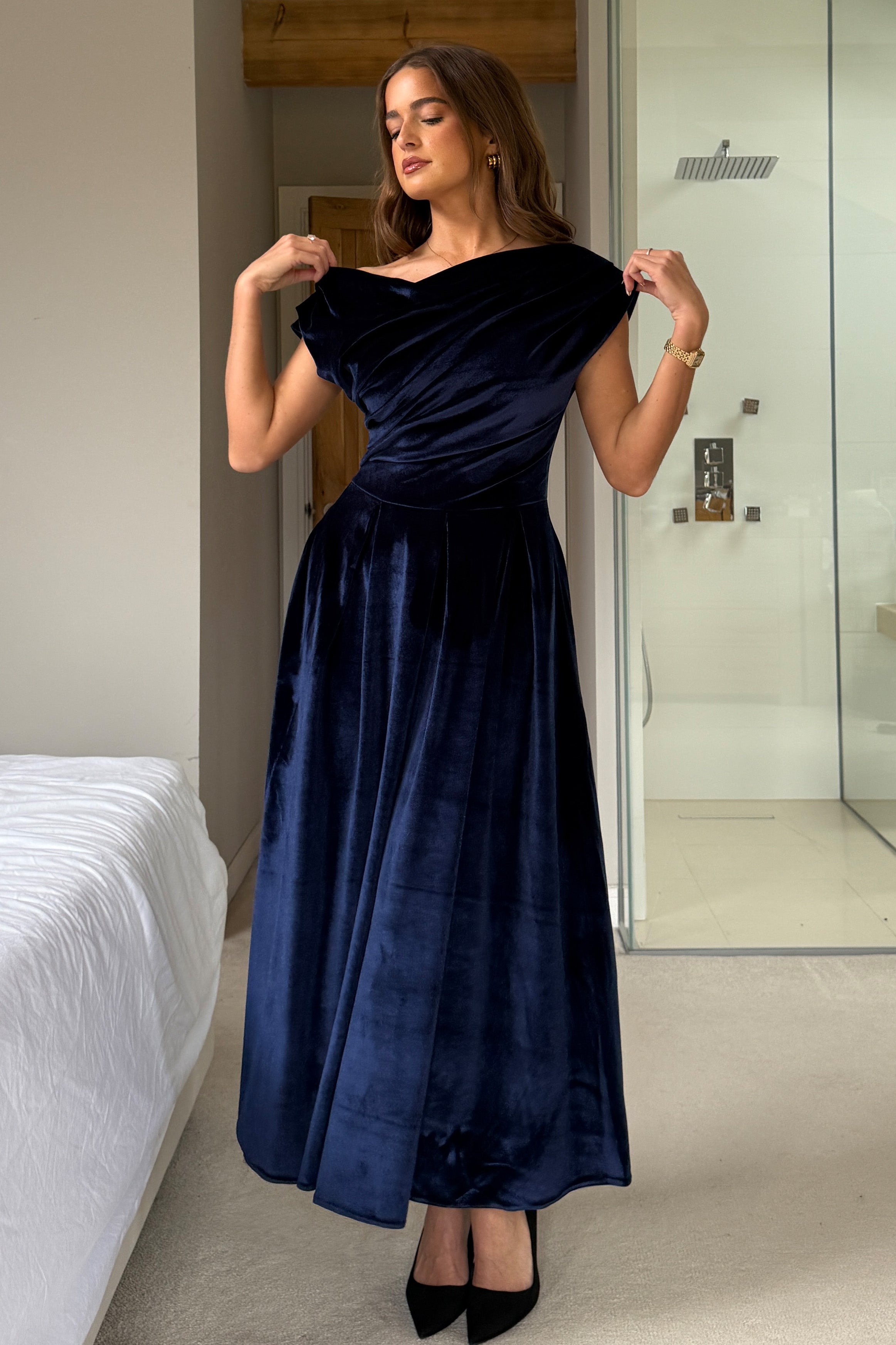 Betty Asymmetric Neckline Skater Midi Navy Velvet