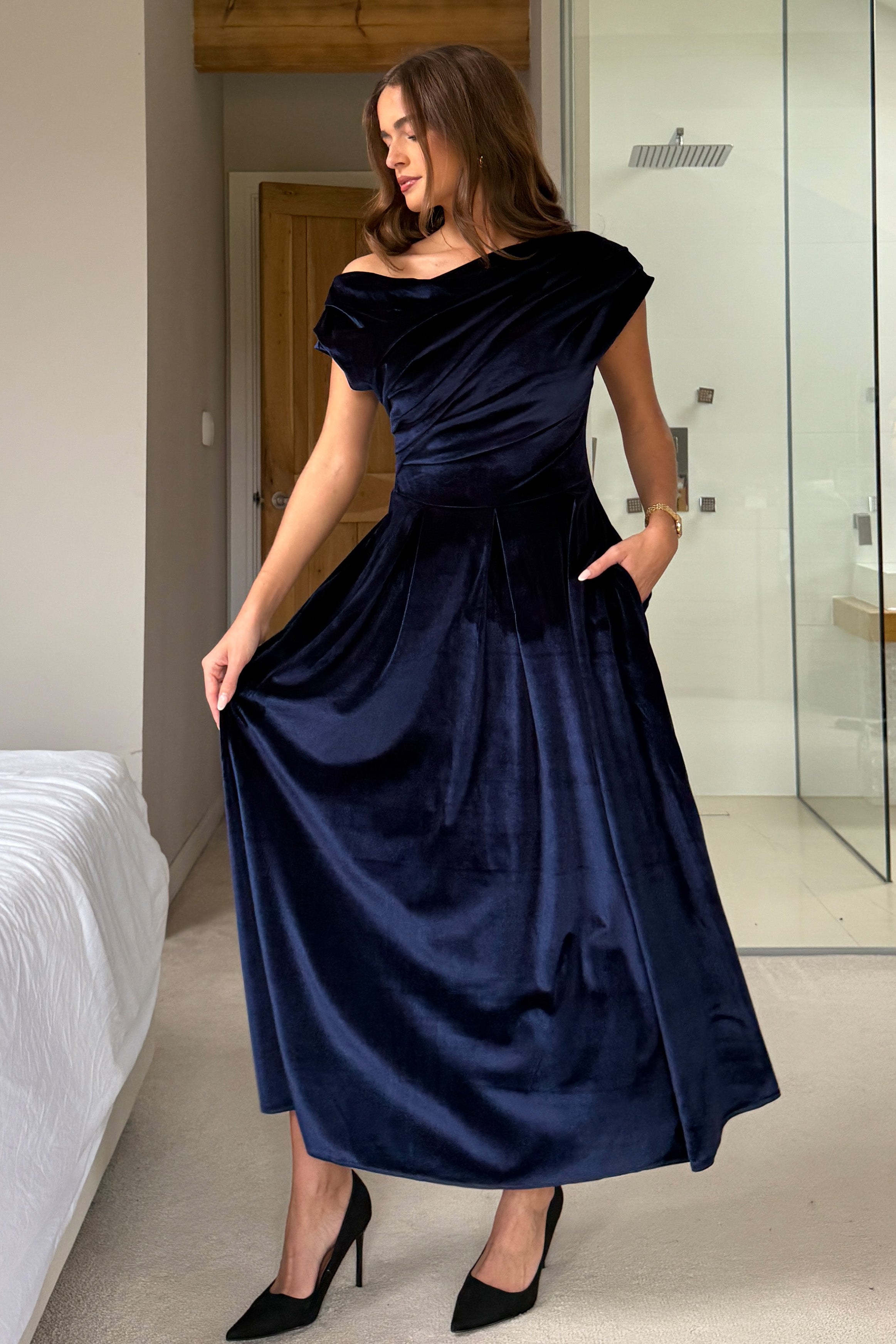 Betty Asymmetric Neckline Skater Midi Navy Velvet