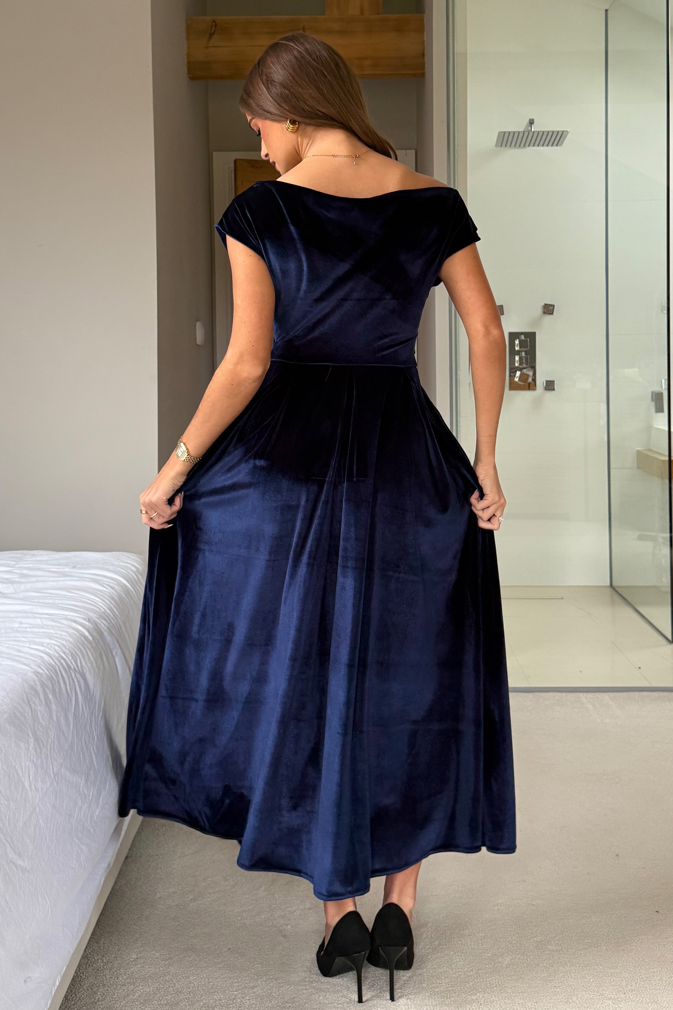Betty Asymmetric Neckline Skater Midi Navy Velvet