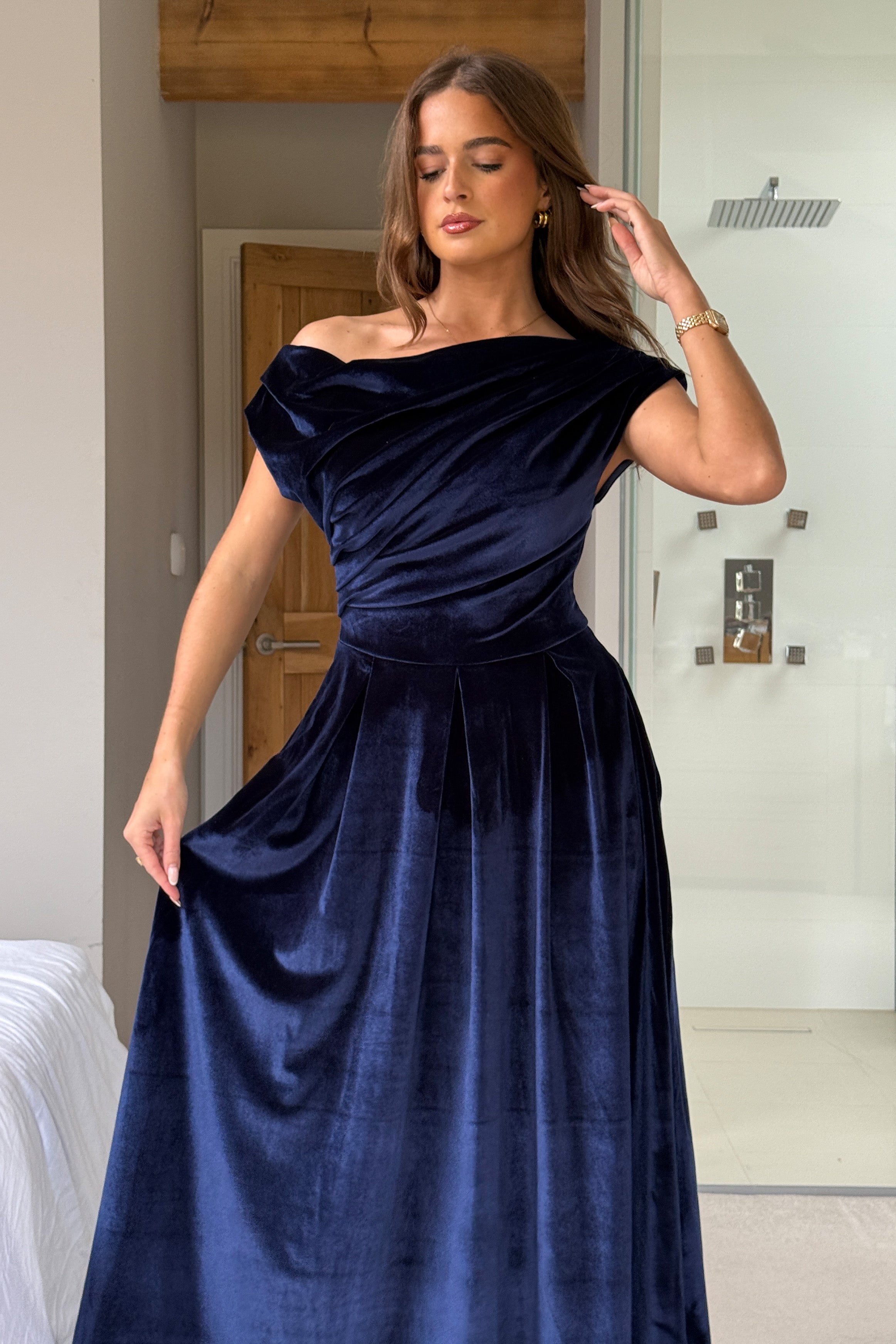 Betty Asymmetric Neckline Skater Midi Navy Velvet