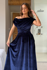 Betty Asymmetric Neckline Skater Midi Navy Velvet