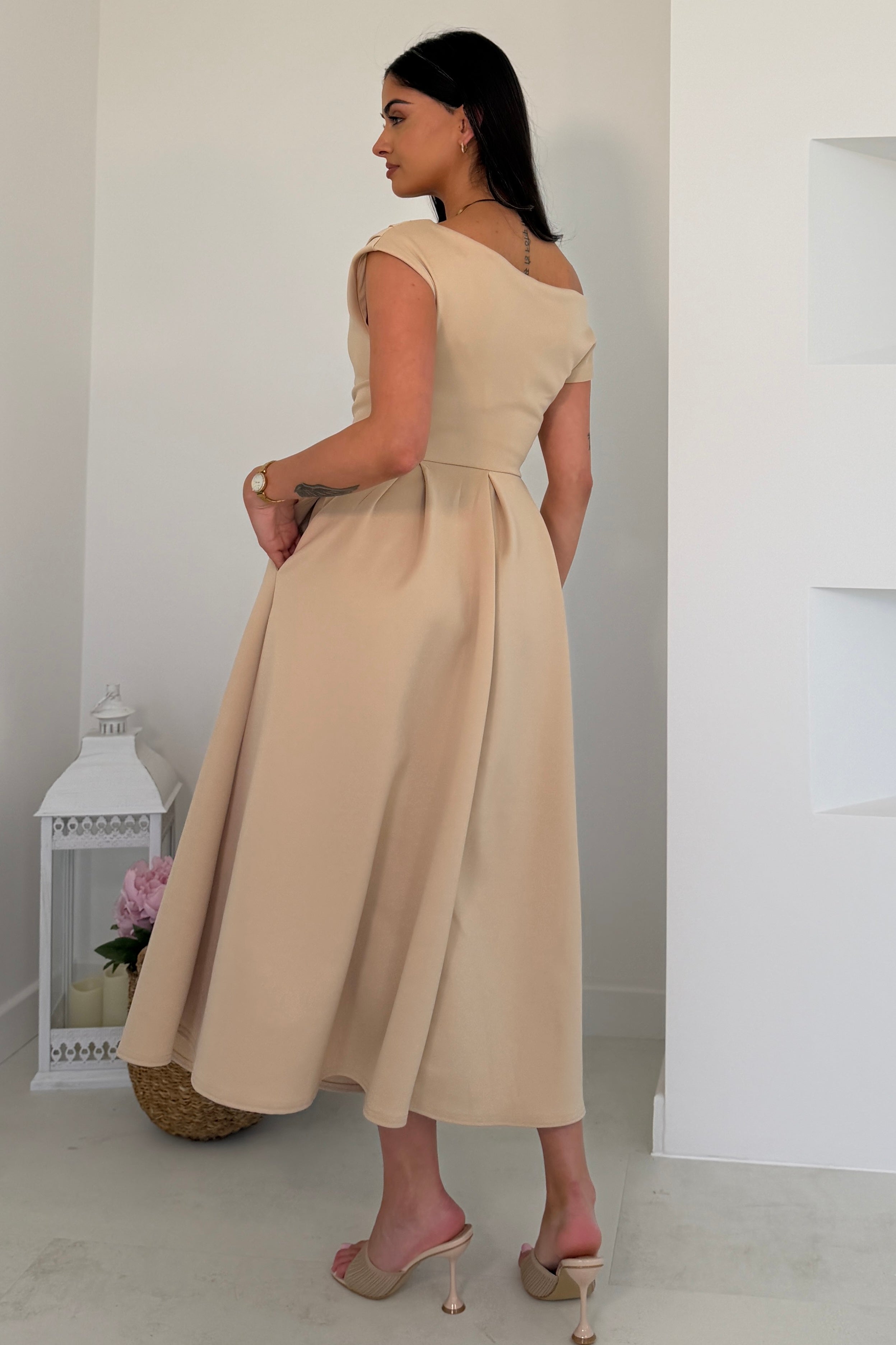 Betty Asymmetric Midi Dress Cream