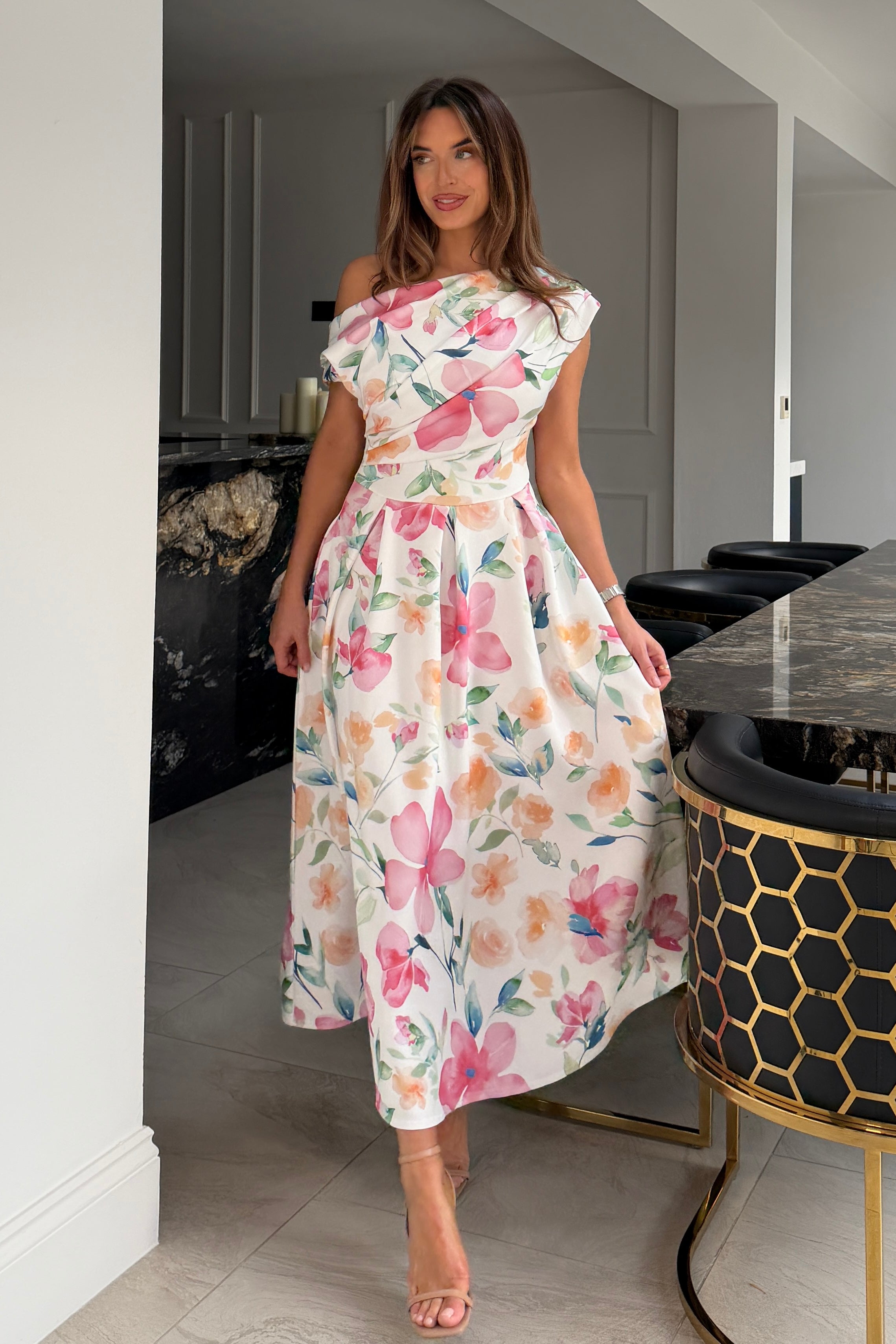 Betty Asymmetric Neckline Skater Midi Dress Print