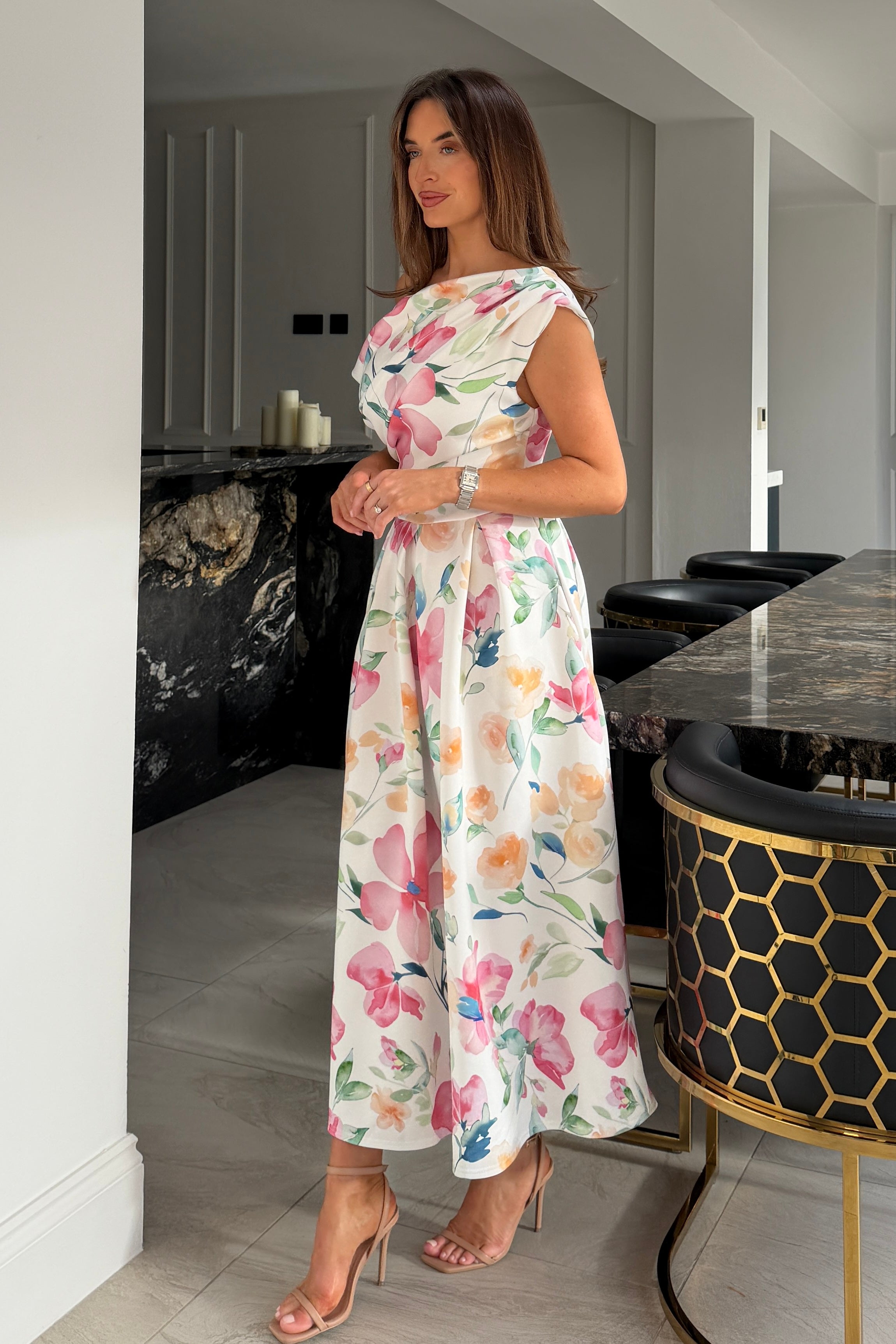 Betty Asymmetric Neckline Skater Midi Dress Print