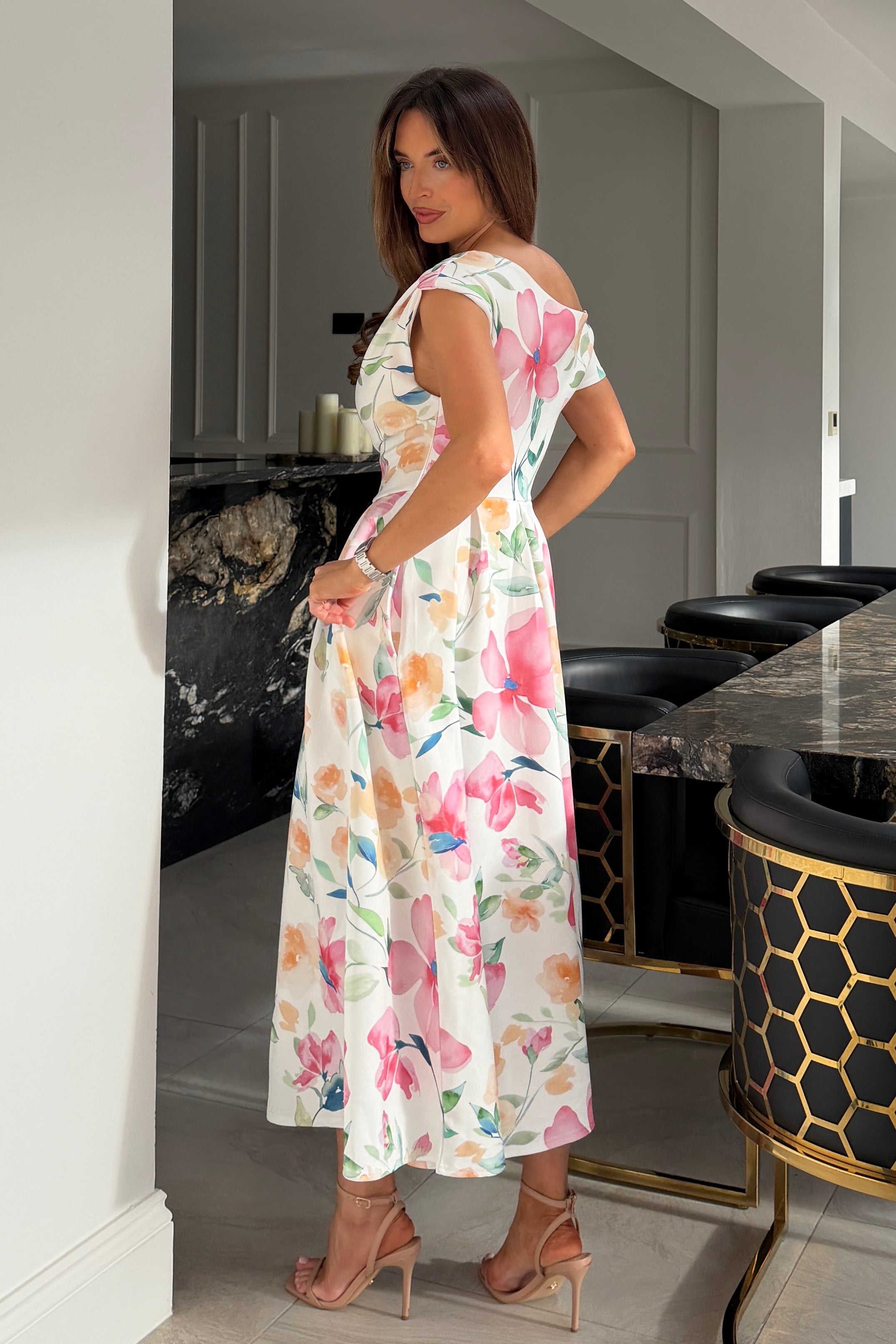 Betty Asymmetric Neckline Skater Midi Dress Print