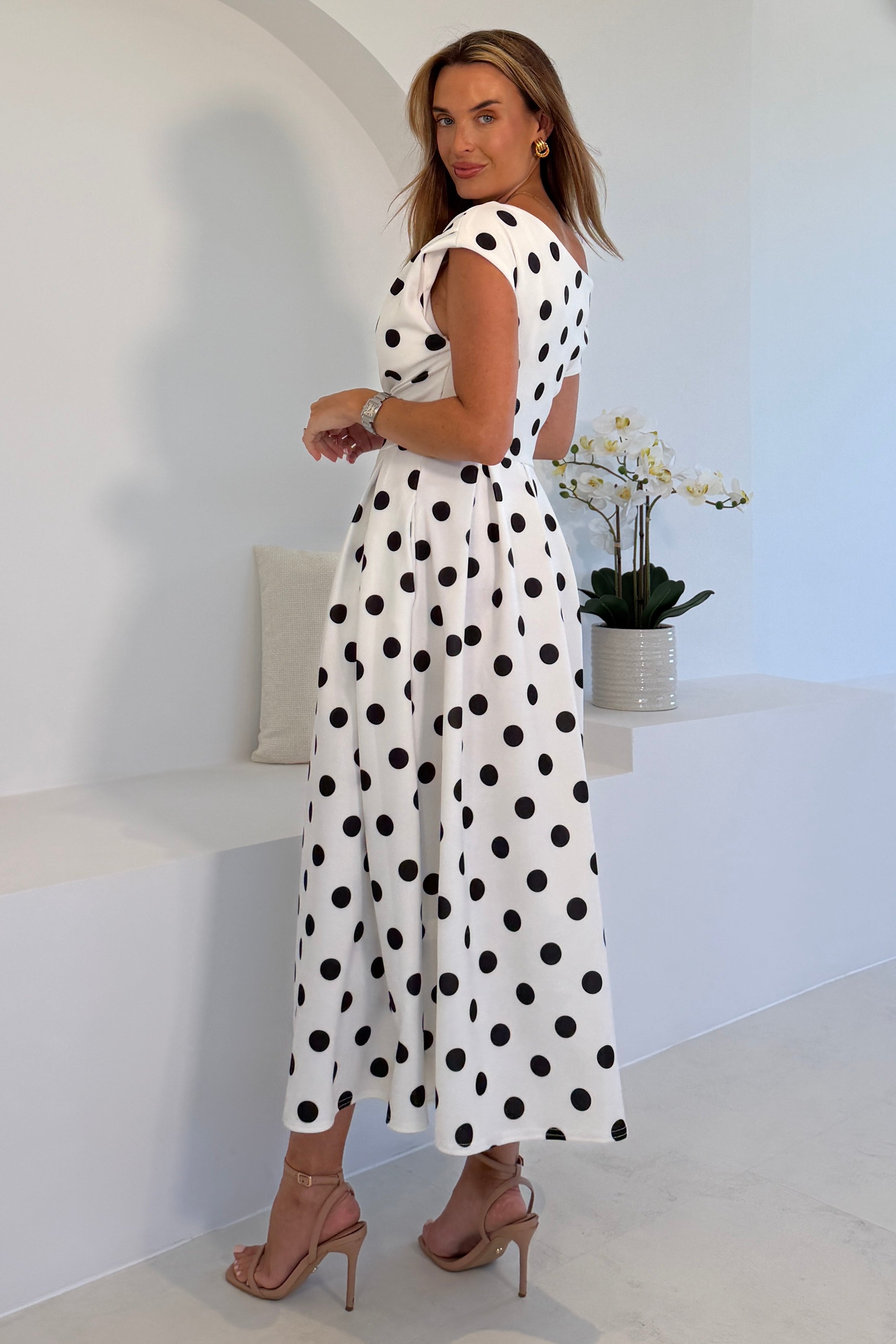 Betty Asymmetric Midi Dress Polka
