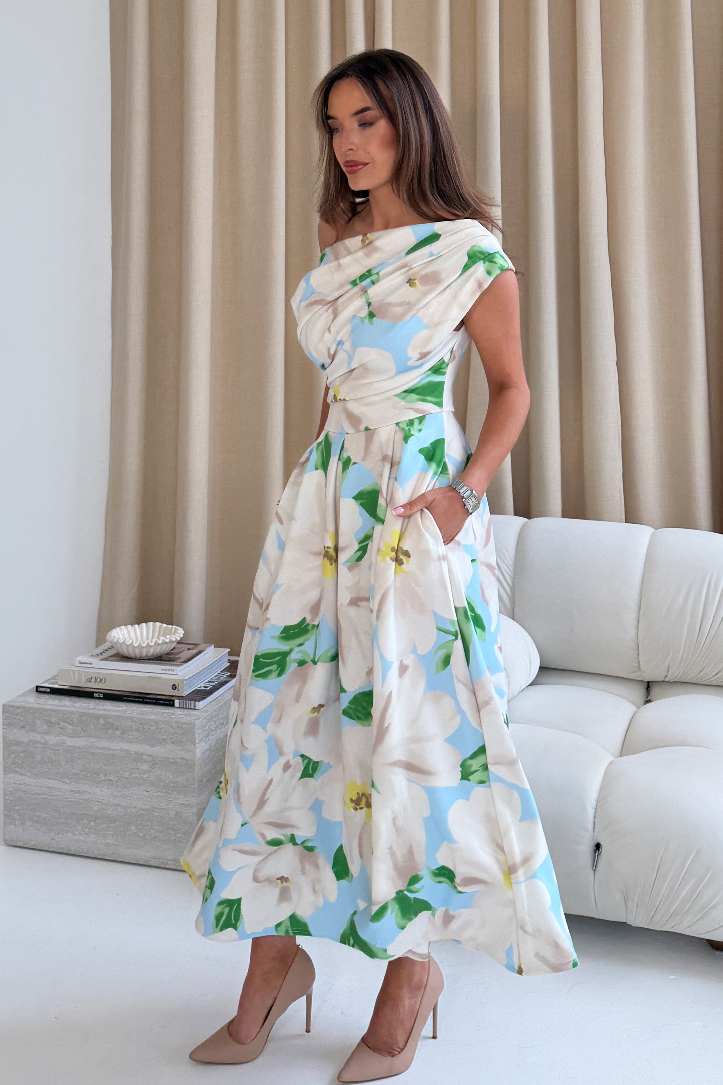 Betty Asymmetric Floral Print Midi Dress Sky