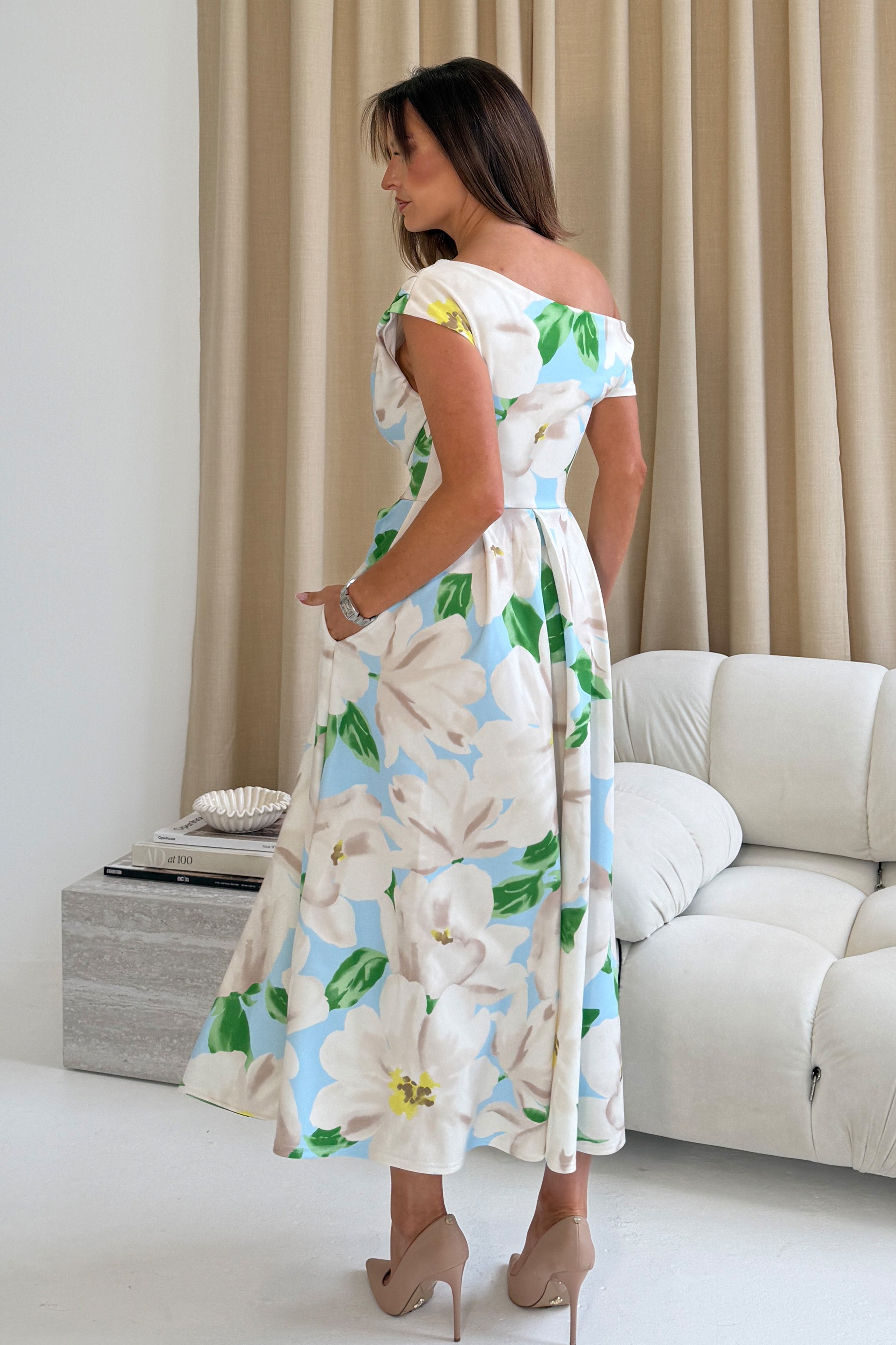 Betty Asymmetric Floral Print Midi Dress Sky