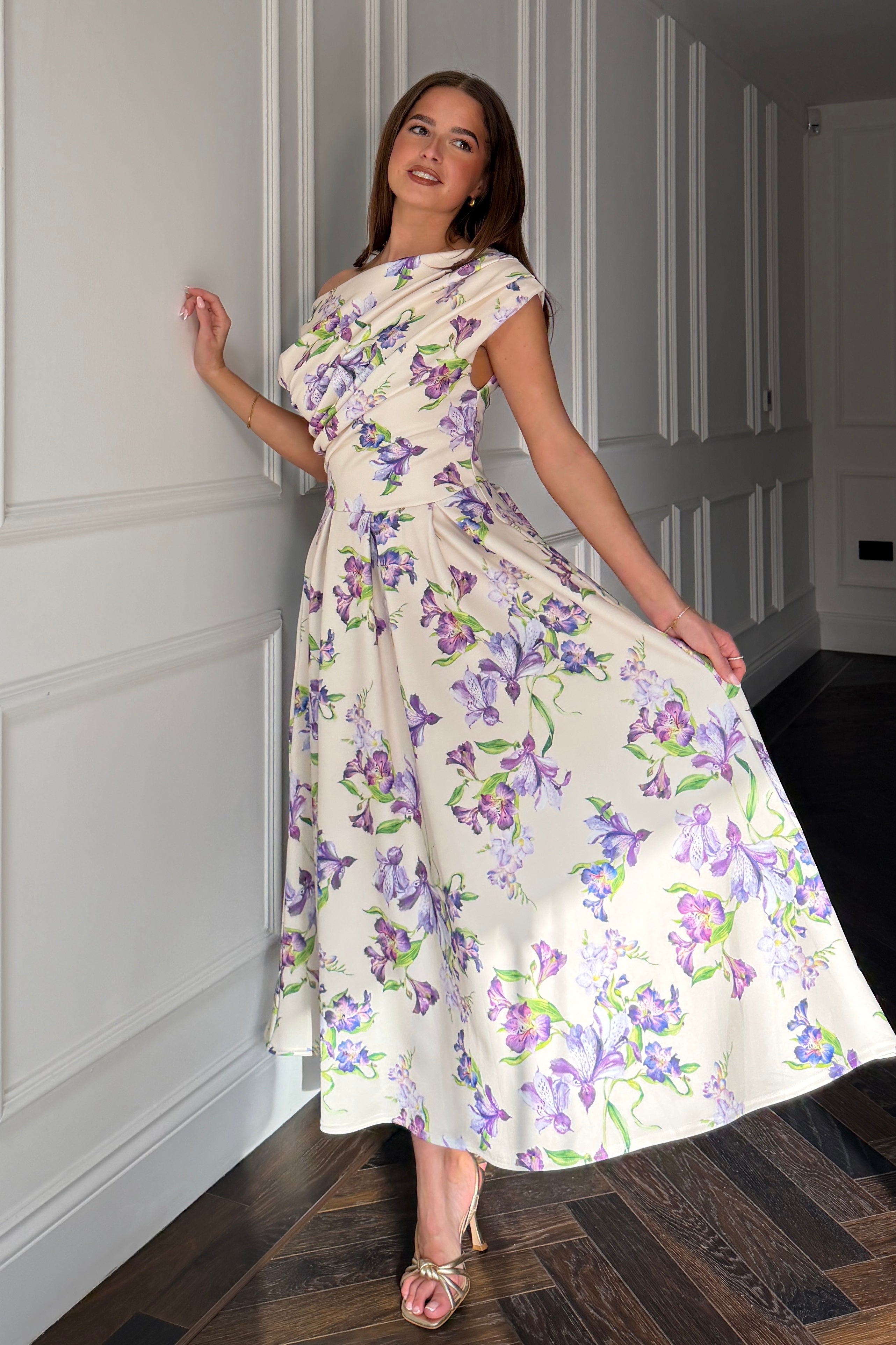 Betty Asymmetric Midi Dress Yellow Print