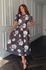 Elowin Statement Sleeve Skater Midi Dress Brown Floral