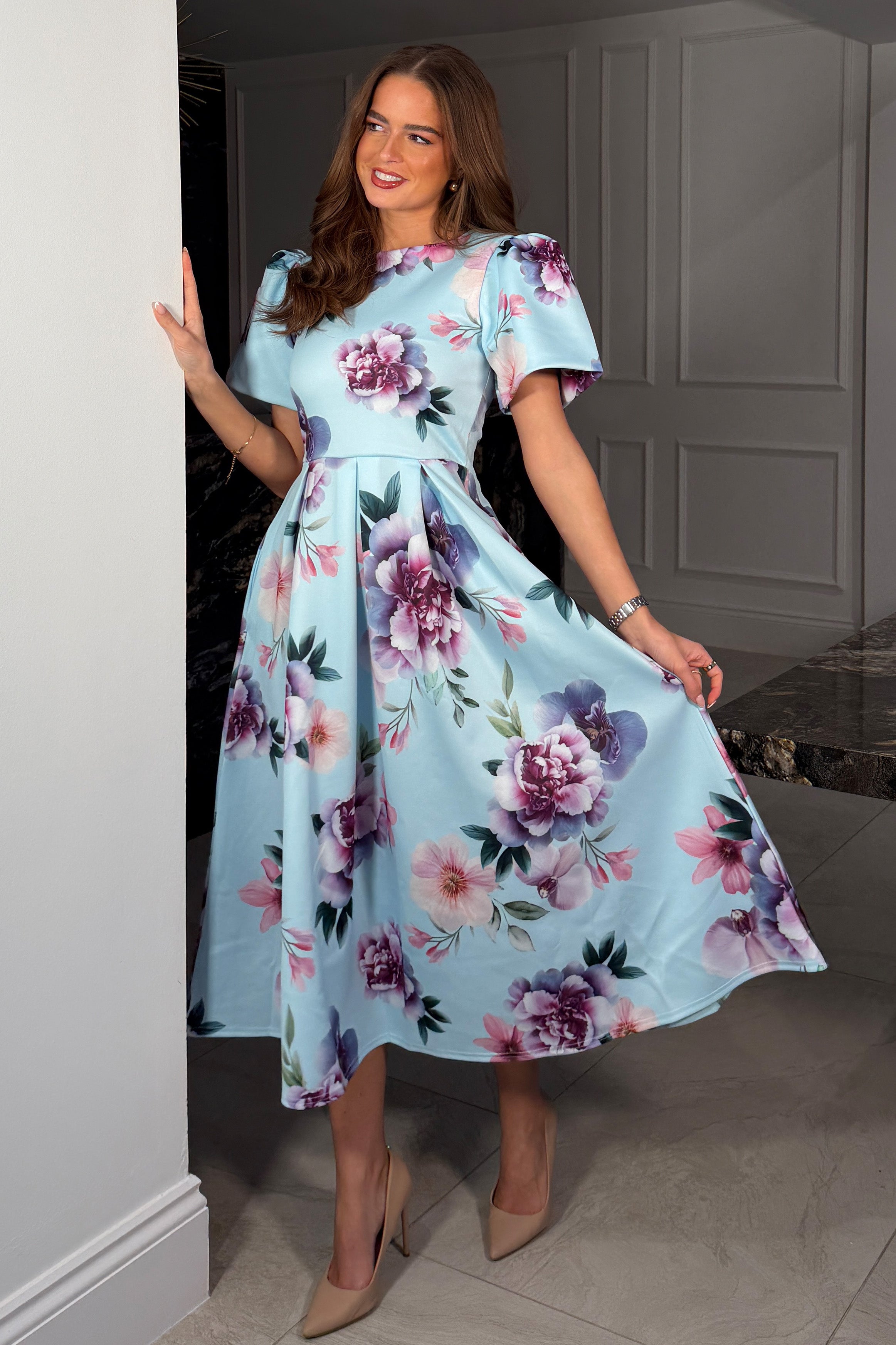 Elowin Statement Sleeve Skater Midi Dress Blue Floral