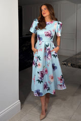 Elowin Statement Sleeve Skater Midi Dress Blue Floral