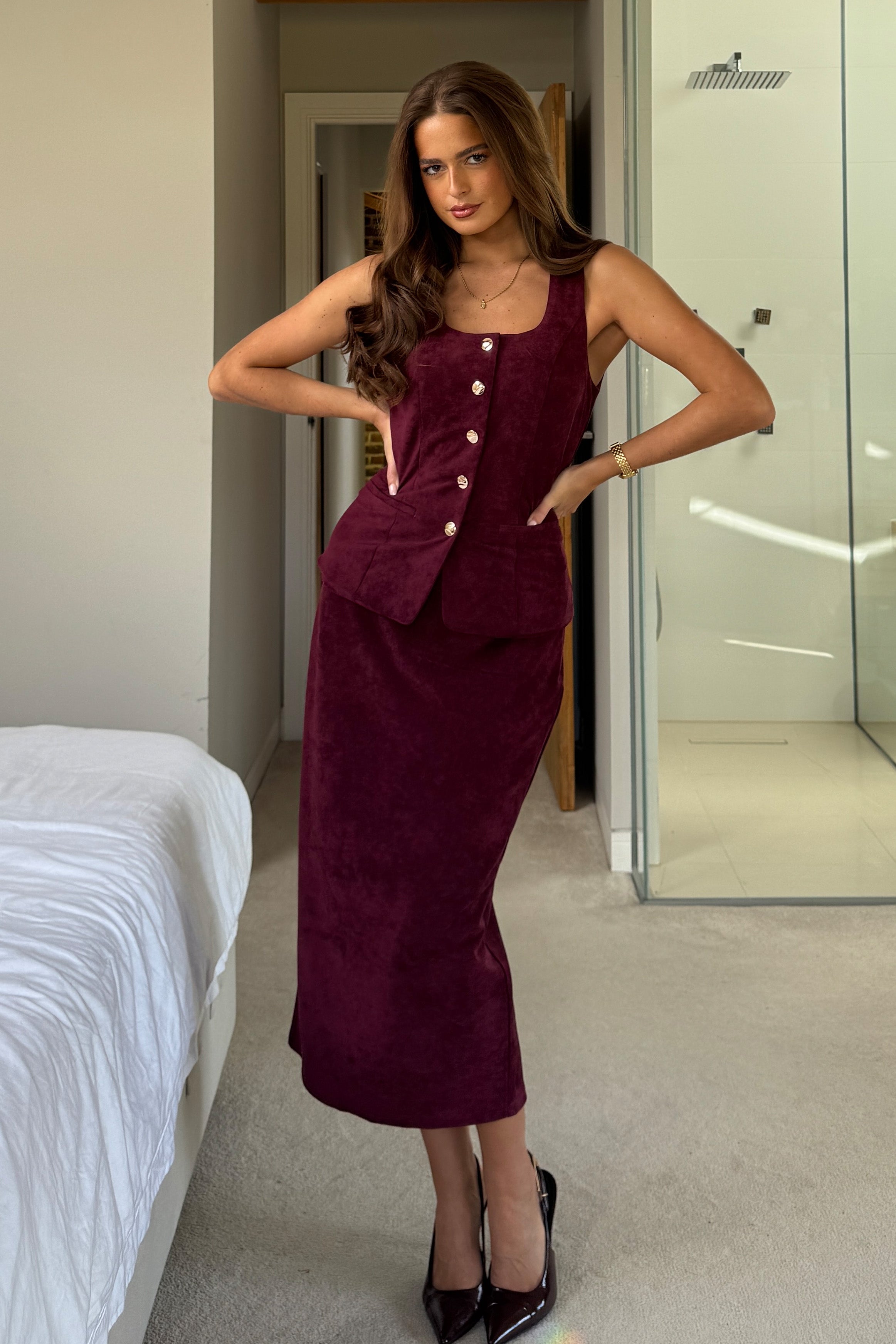 Jamie Square Neckline Suede Waistcoat Berry
