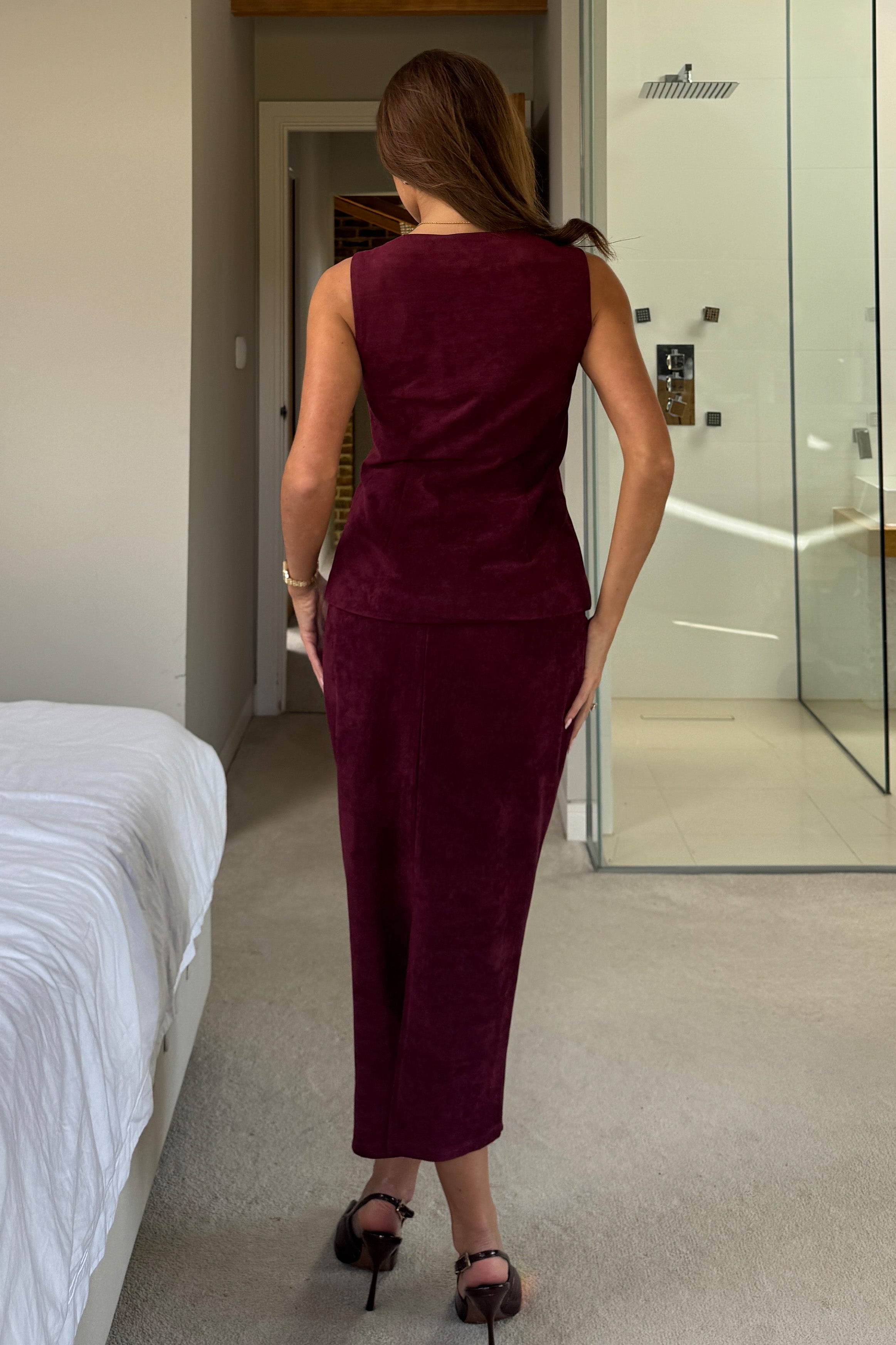 Jamie Square Neckline Suede Waistcoat Berry