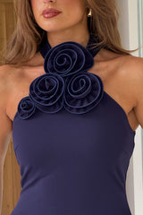 Dolly 3D Floral Halterneck Midi Dress Navy