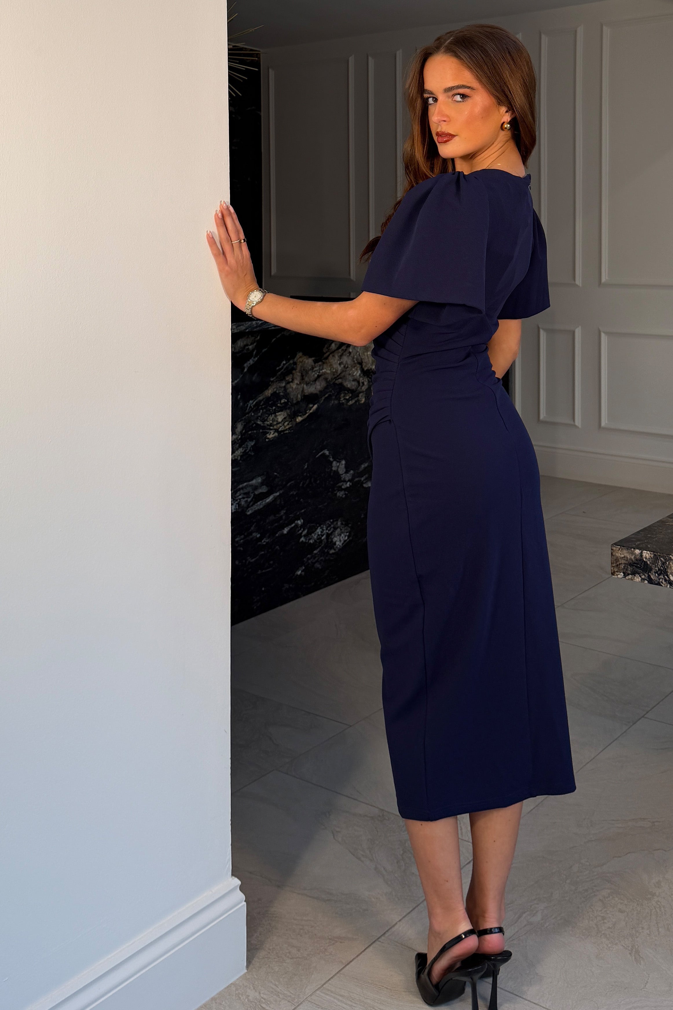 Freya Puff Sleeve Wrap Neck Ruched Midi Navy