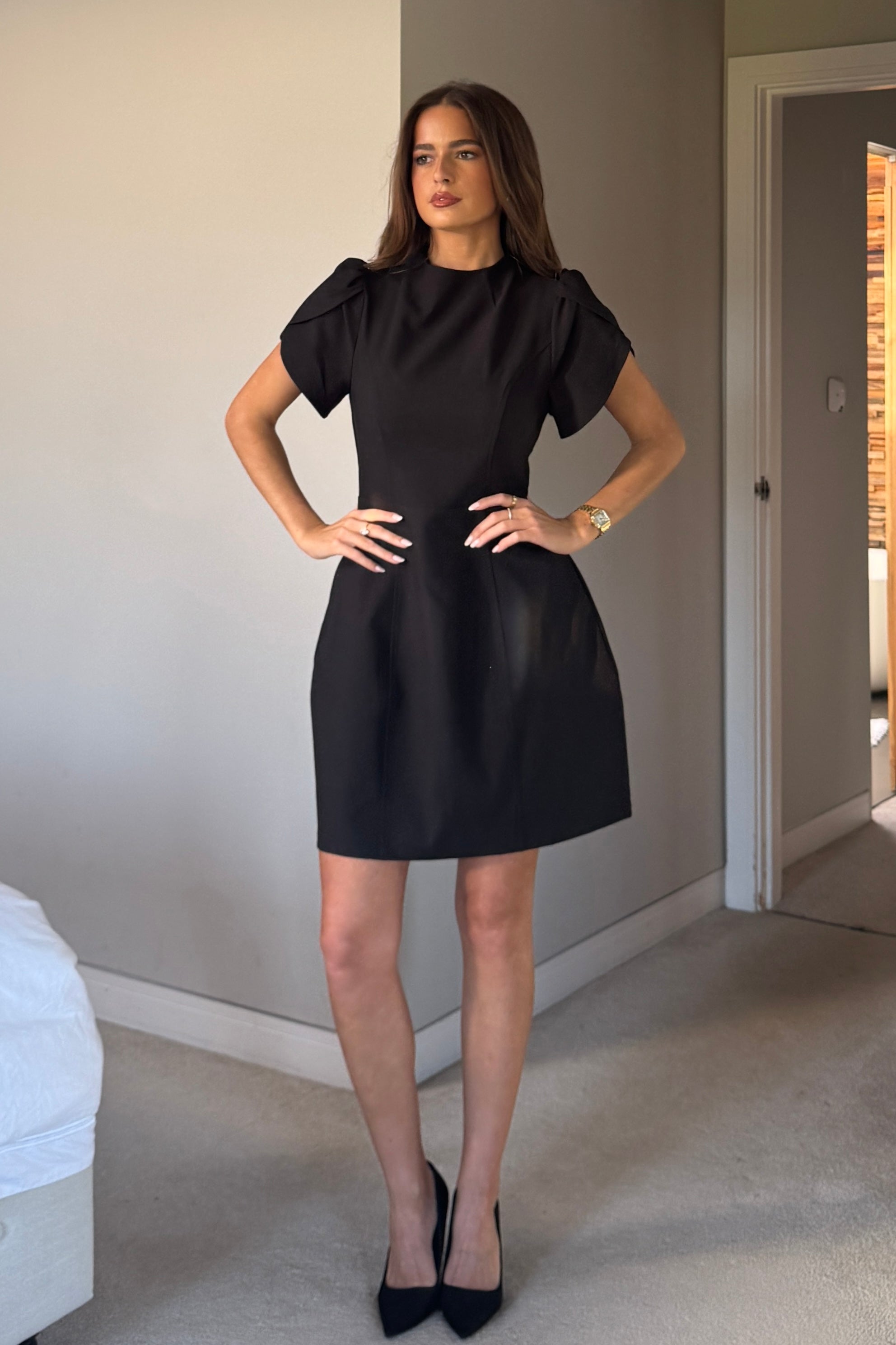 Ami Tulip Sleeve High Neck Mini Dress Black