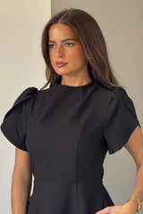 Ami Tulip Sleeve High Neck Mini Dress Black