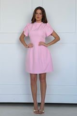 Ami Tulip Sleeve High Neck Mini Dress Pink