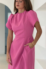 Ami Tulip Sleeve High Neck Mini Dress Cerise