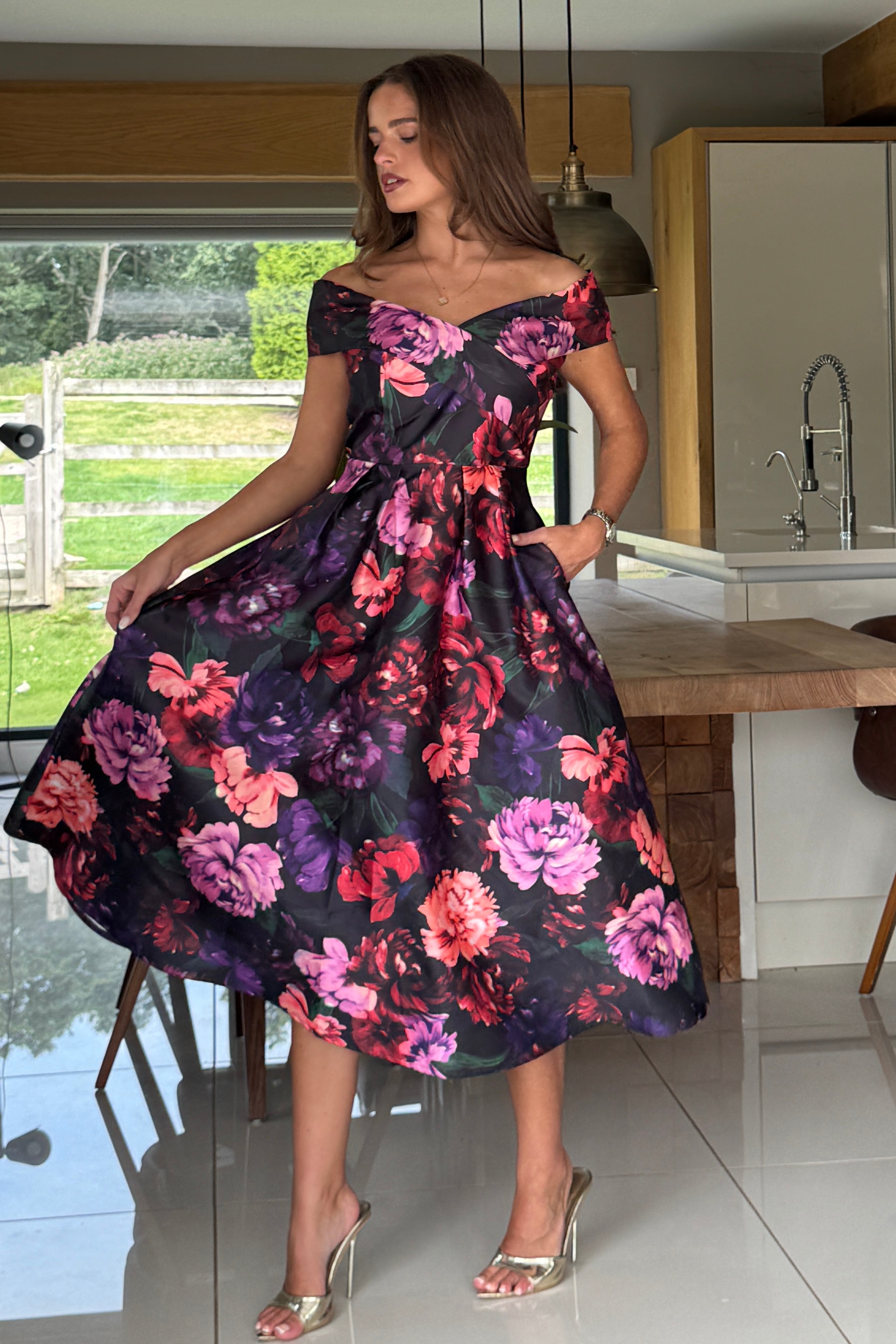 Daphne Off The Shoulder Skater Midi Dress Dark Floral