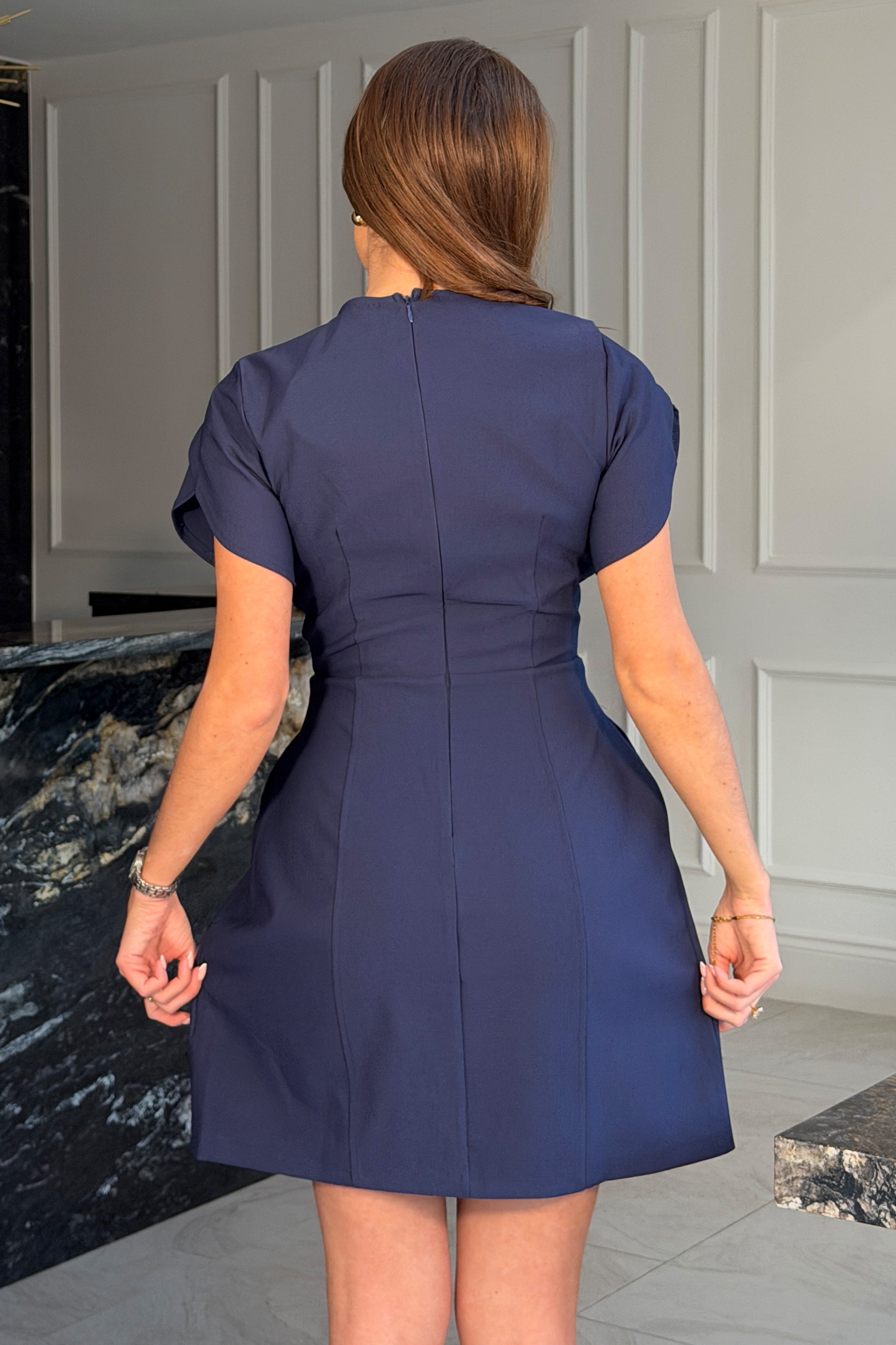 Bridget Twist Font Split Arm Mini Dress Navy