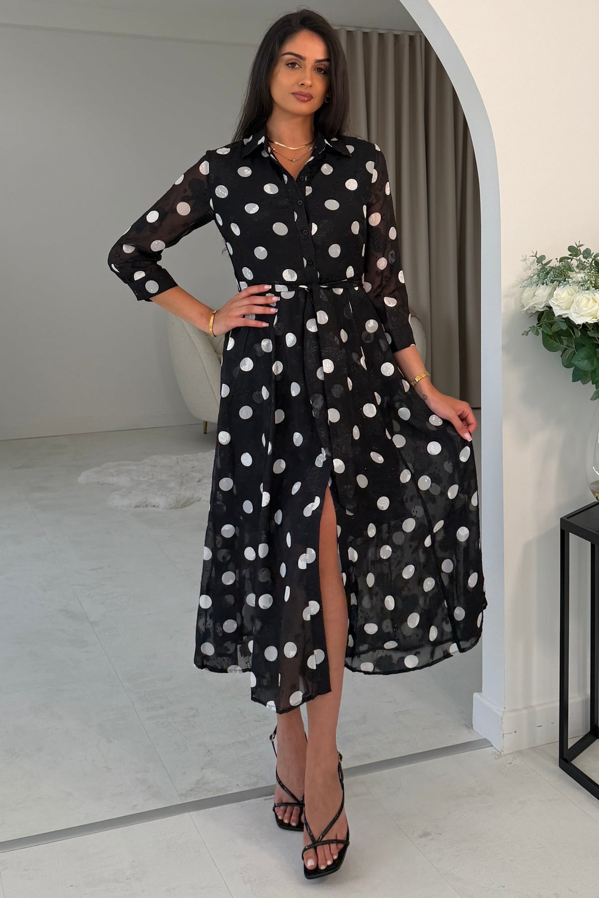 Angela Long Sleeve Maxi Shirt Dress Spot Burnout
