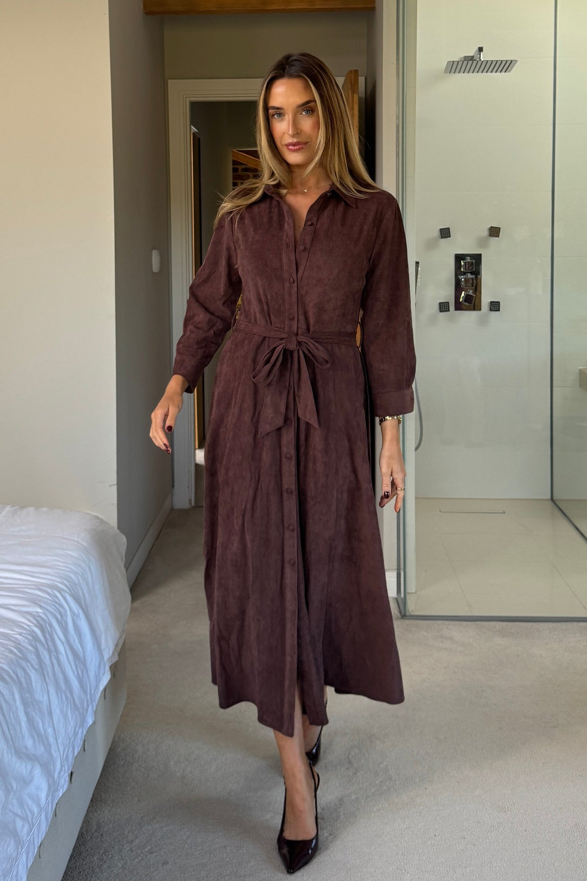 Angela Long Sleeve Maxi Shirt Dress Chocolate Suede