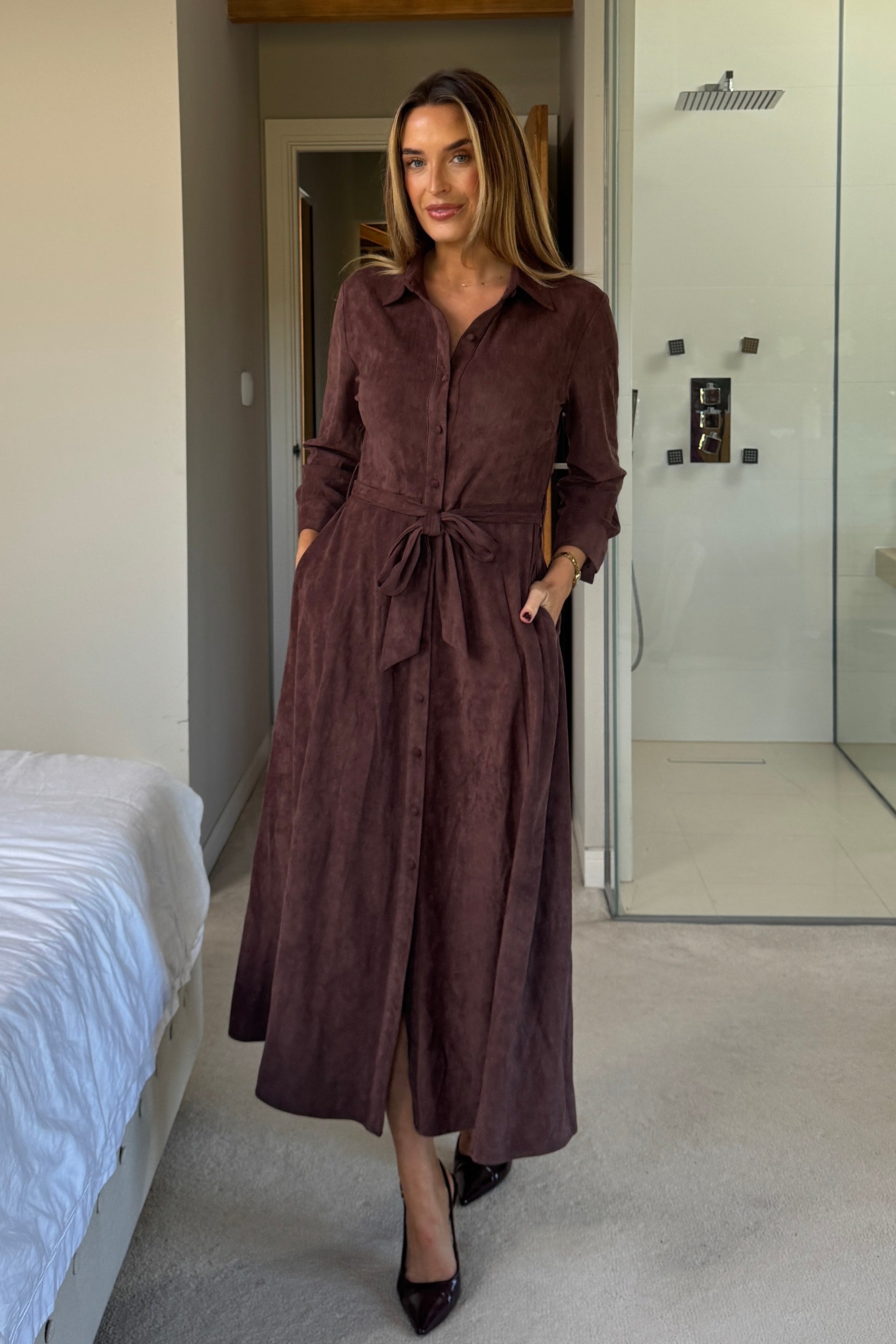 Angela Long Sleeve Maxi Shirt Dress Chocolate Suede