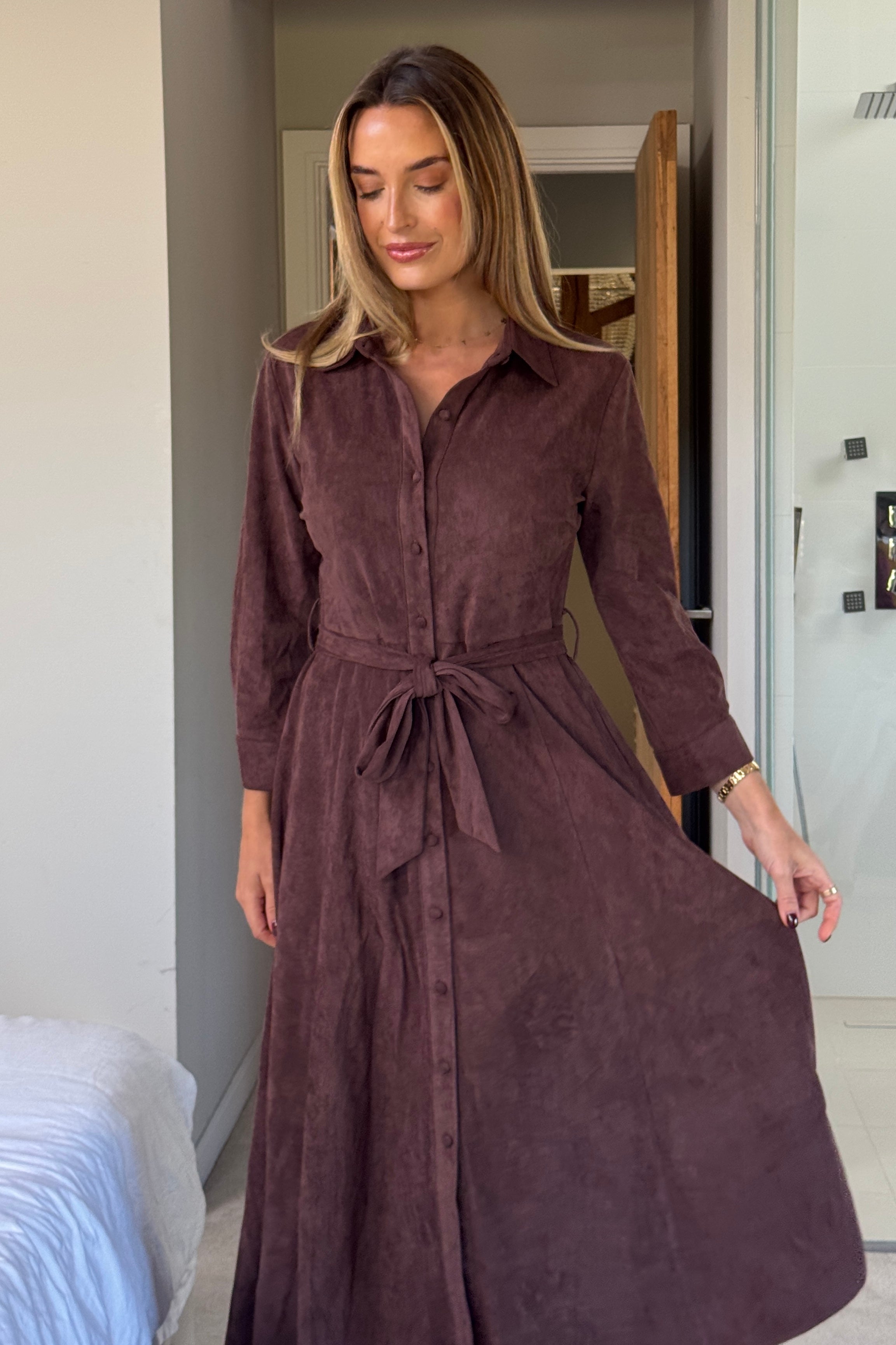 Angela Long Sleeve Maxi Shirt Dress Chocolate Suede