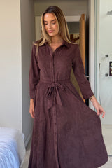 Angela Long Sleeve Maxi Shirt Dress Chocolate Suede