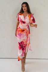 Drew Puff Sleeve Wrap Front Midi Dress Floral Print Pink