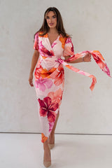 Drew Puff Sleeve Wrap Front Midi Dress Floral Print Pink