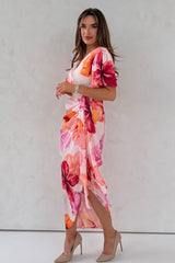 Drew Puff Sleeve Wrap Front Midi Dress Floral Print Pink