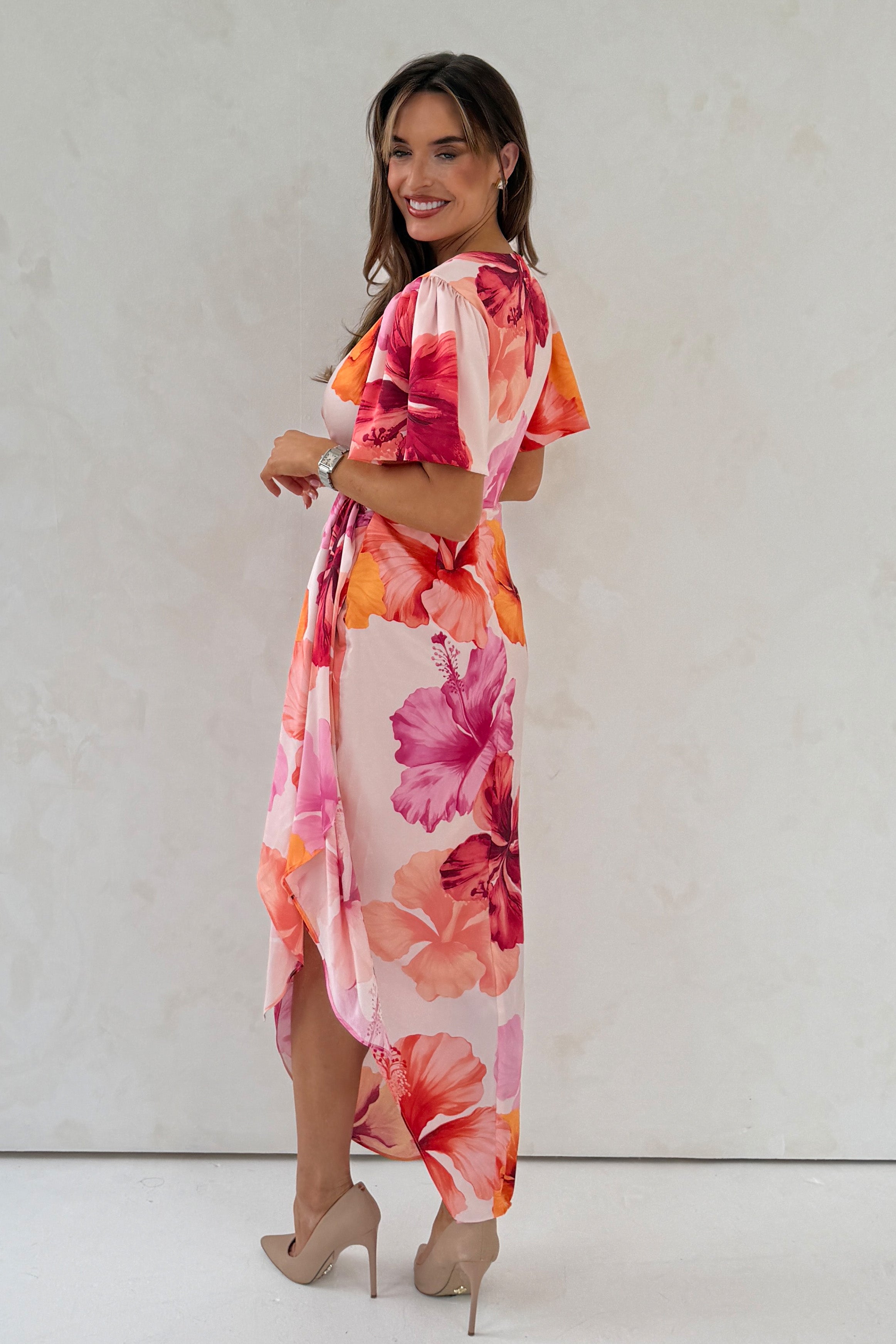 Drew Puff Sleeve Wrap Front Midi Dress Floral Print Pink