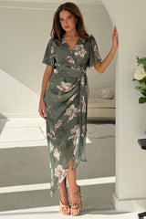 Drew Puff Sleeve Wrap Front Midi Dress Floral Print Green