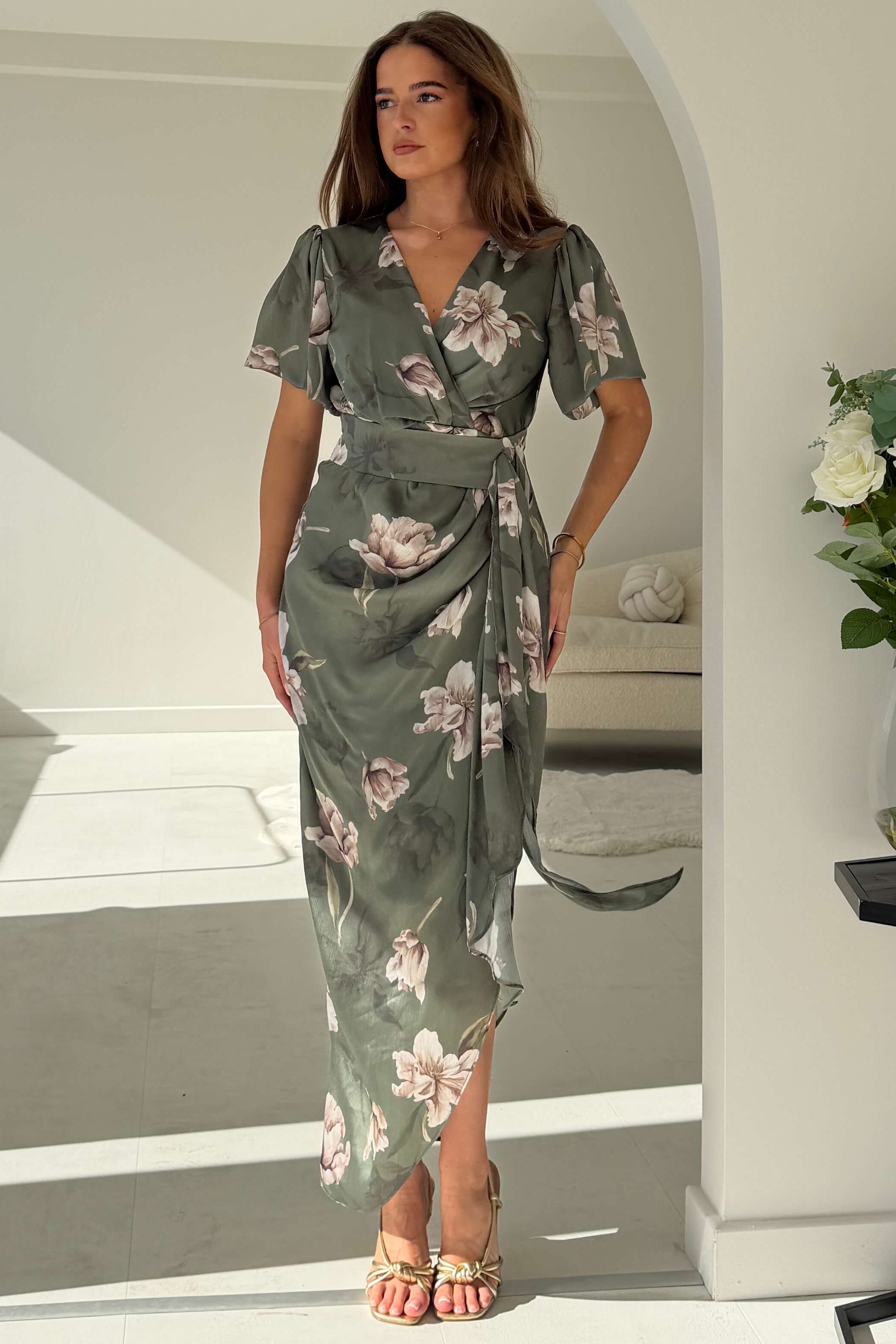 Drew Puff Sleeve Wrap Front Midi Dress Floral Print Green