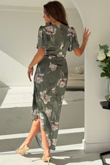 Drew Puff Sleeve Wrap Front Midi Dress Floral Print Green